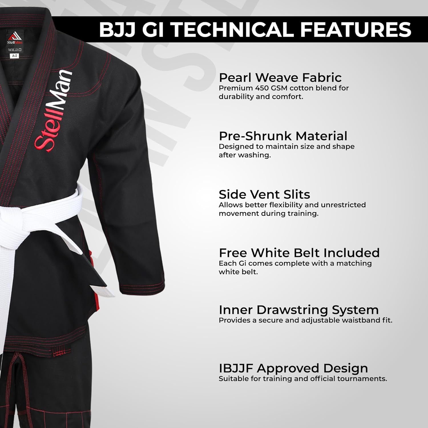 BJJ Brazilian Jiu Jitsu Gi for Men Lightweight Preshrunk Cotton IBJJF Approved Black Uniform free White Belt
