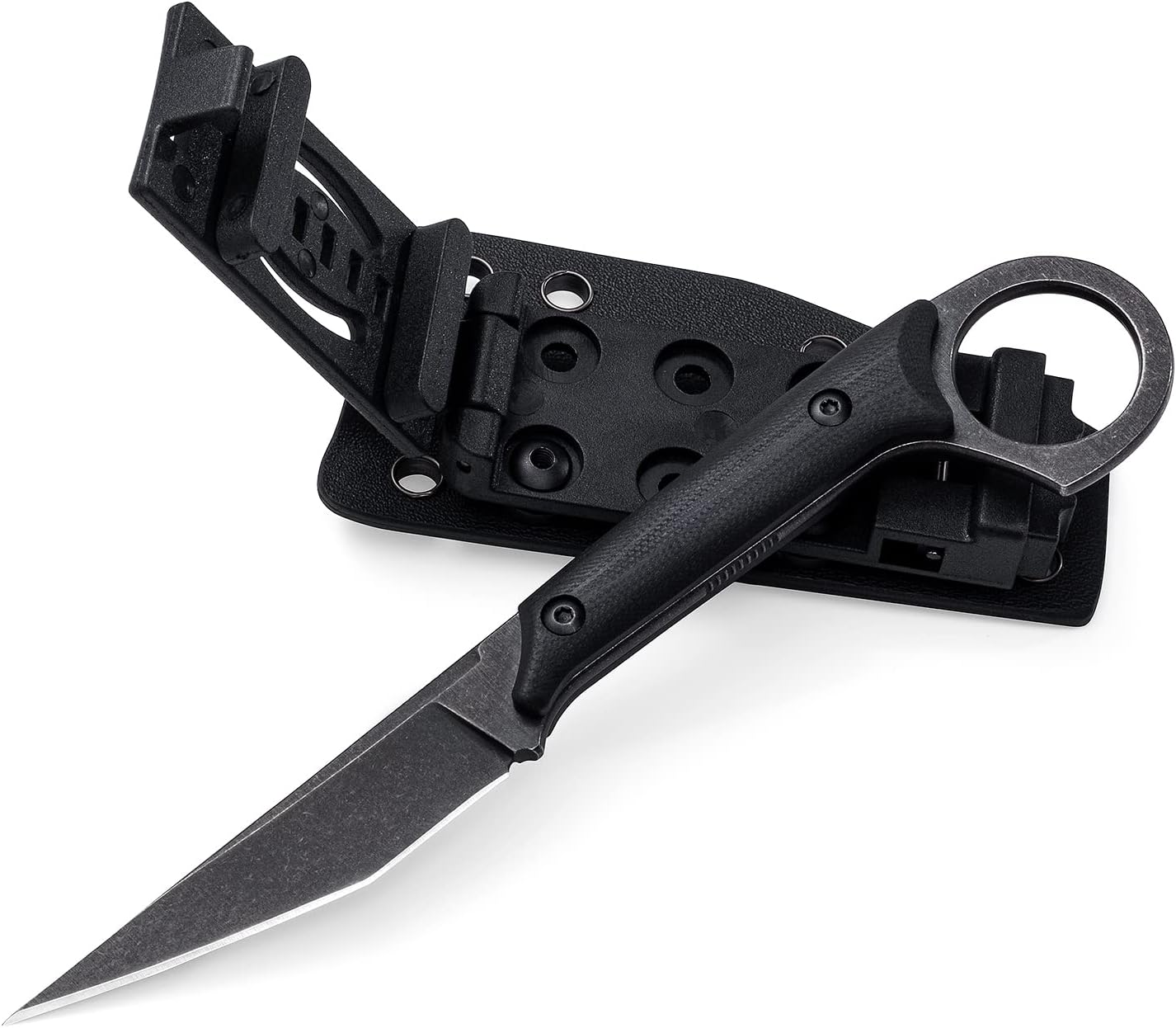 Fixed Blade Knife, D2 Stonewashed Steel Blade, G10 Handle, Tactical EDC, Utility Knife for Outdoor Survival Hiking Camping with Kydex Sheath OS1014 (Black)