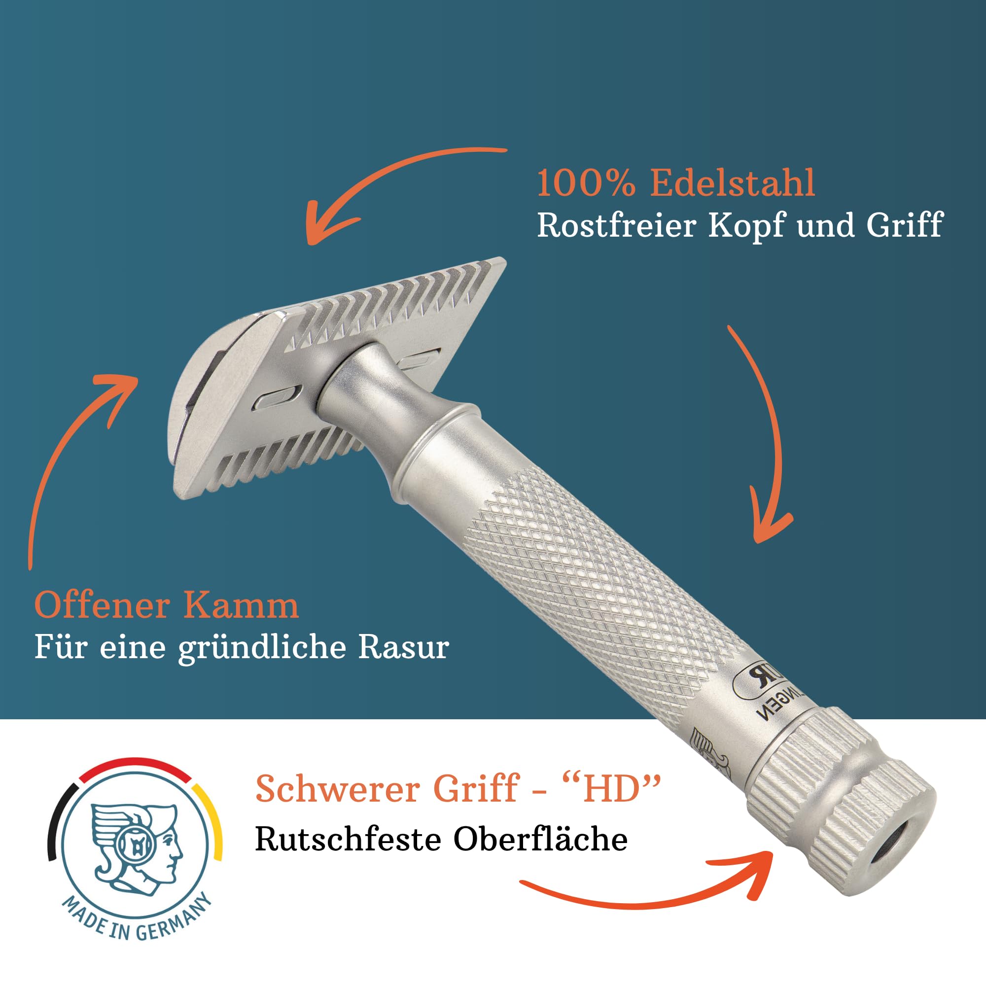 MERKUR Edelstahl Rasierhobel Set 11 INOX | Sonderedition 1896 | inkl premium Rasierhobel, Lederetui und 10x Platinum Klinge | Seidenmatt | Offener Kamm | Ideal für Nassrasur | Made in Germany