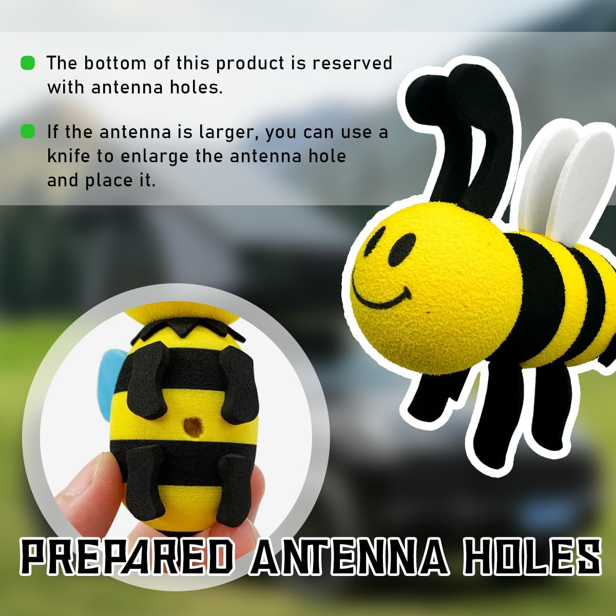 Bee Car Antenna Toppers, Automotive Roof Lovely Face Bumble Bee Antenna Balls Stickers Decor, EVA Funny Cute Honey Bee Antenna Hat for Vehicles, Universal Car Accessories (White)