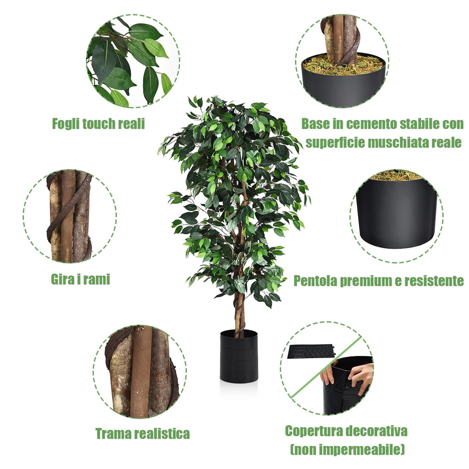 COSTWAY Pianta Finta da Interno da 180 cm, Albero Ficus Artificiale Elegante in Vaso, Pianta Artificiale per Salotto, Camera da Letto e Balcone