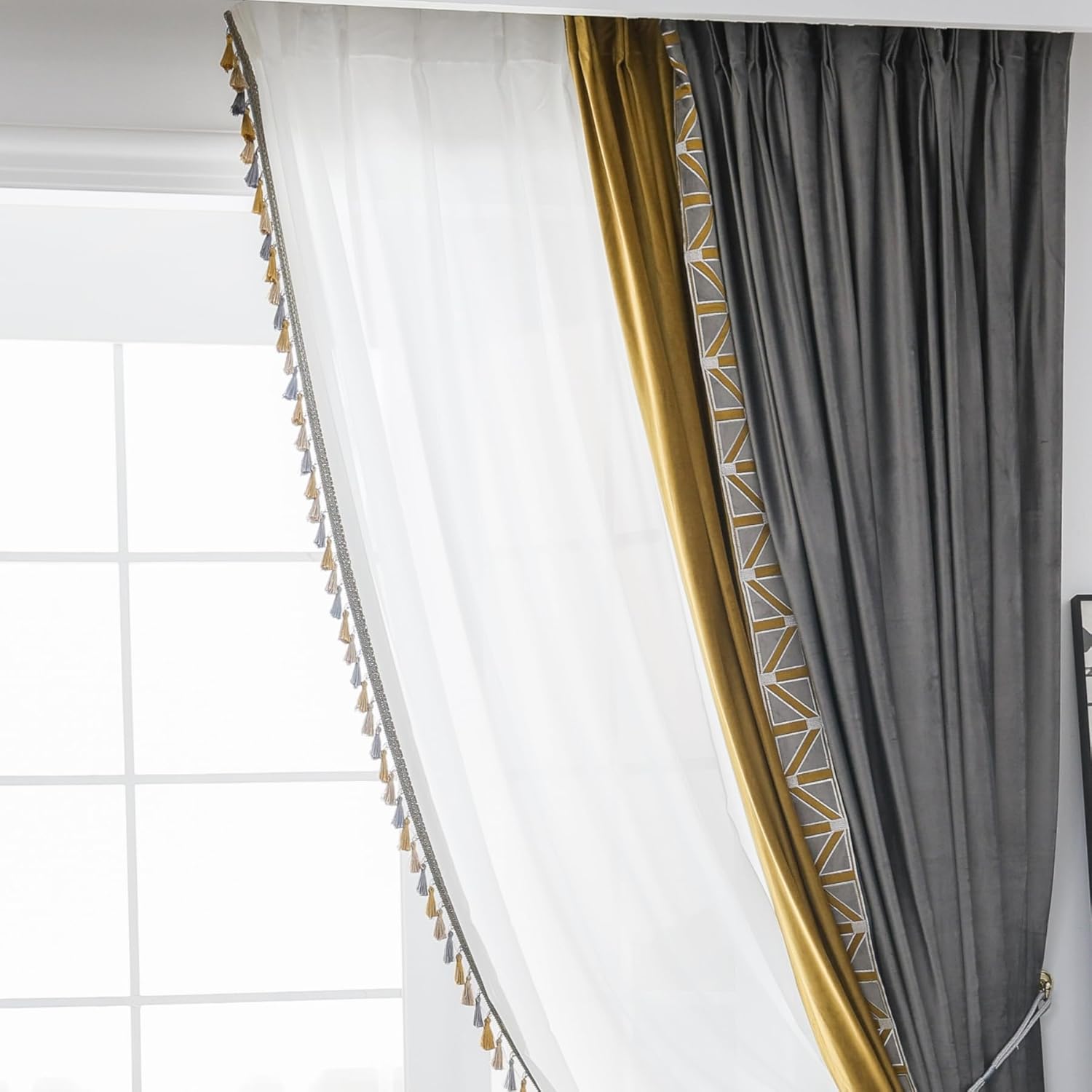 VisionaryHomeDesign Gray & Gold Velvet Curtains, Geometric Embroidered Trim, Luxury Living Room Decor(Gray Gold, 50" W x 84" L (Pack of 2))