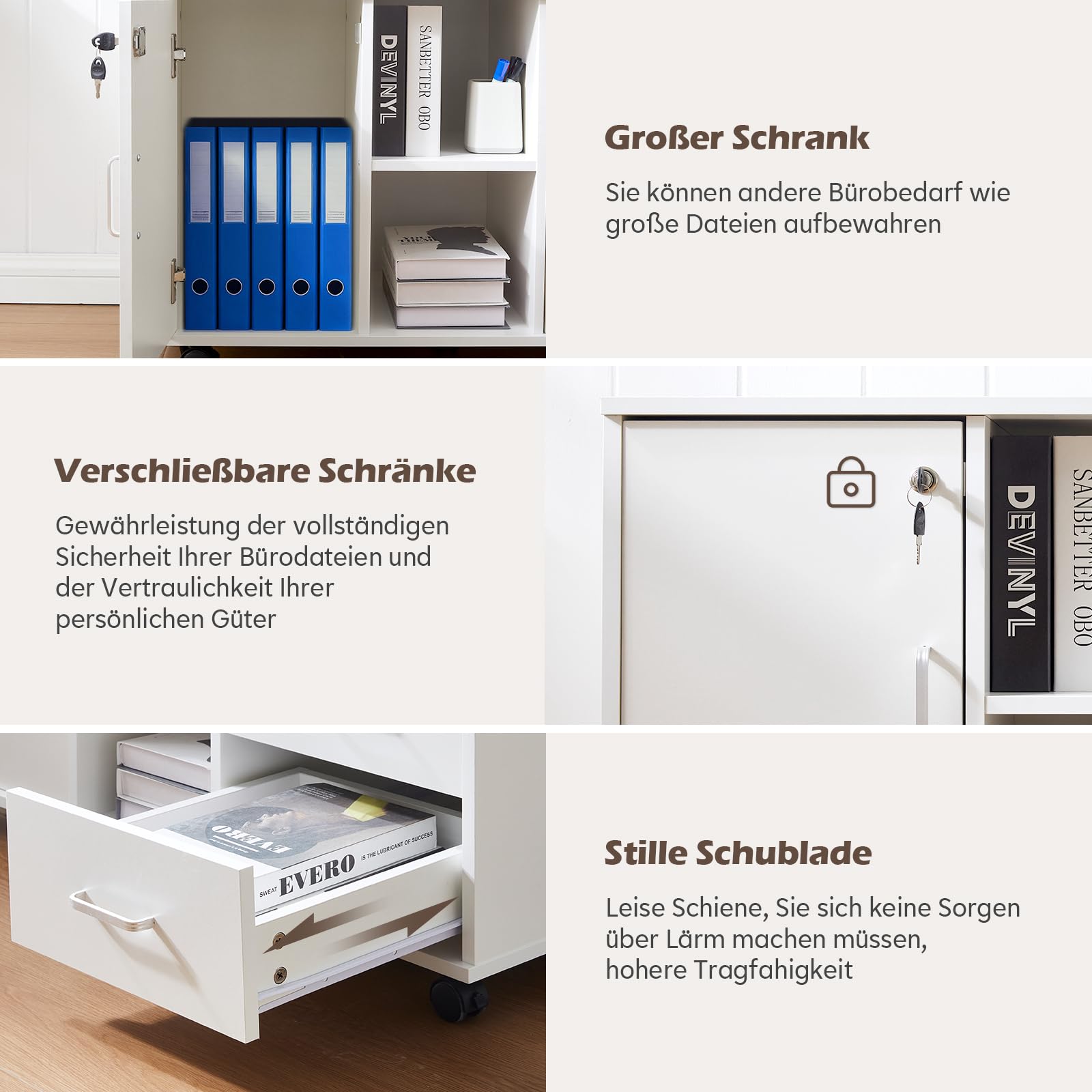 TUKAILAI Rollcontainer Abschließbar mit 3 Schubladen, Lagerung Fach und Offene Regale, Aktenschrank, Büroschrank mit Rollen, Dokumente in DIN-A4, Legal, Letter-Format, Büromöbel, Weiß