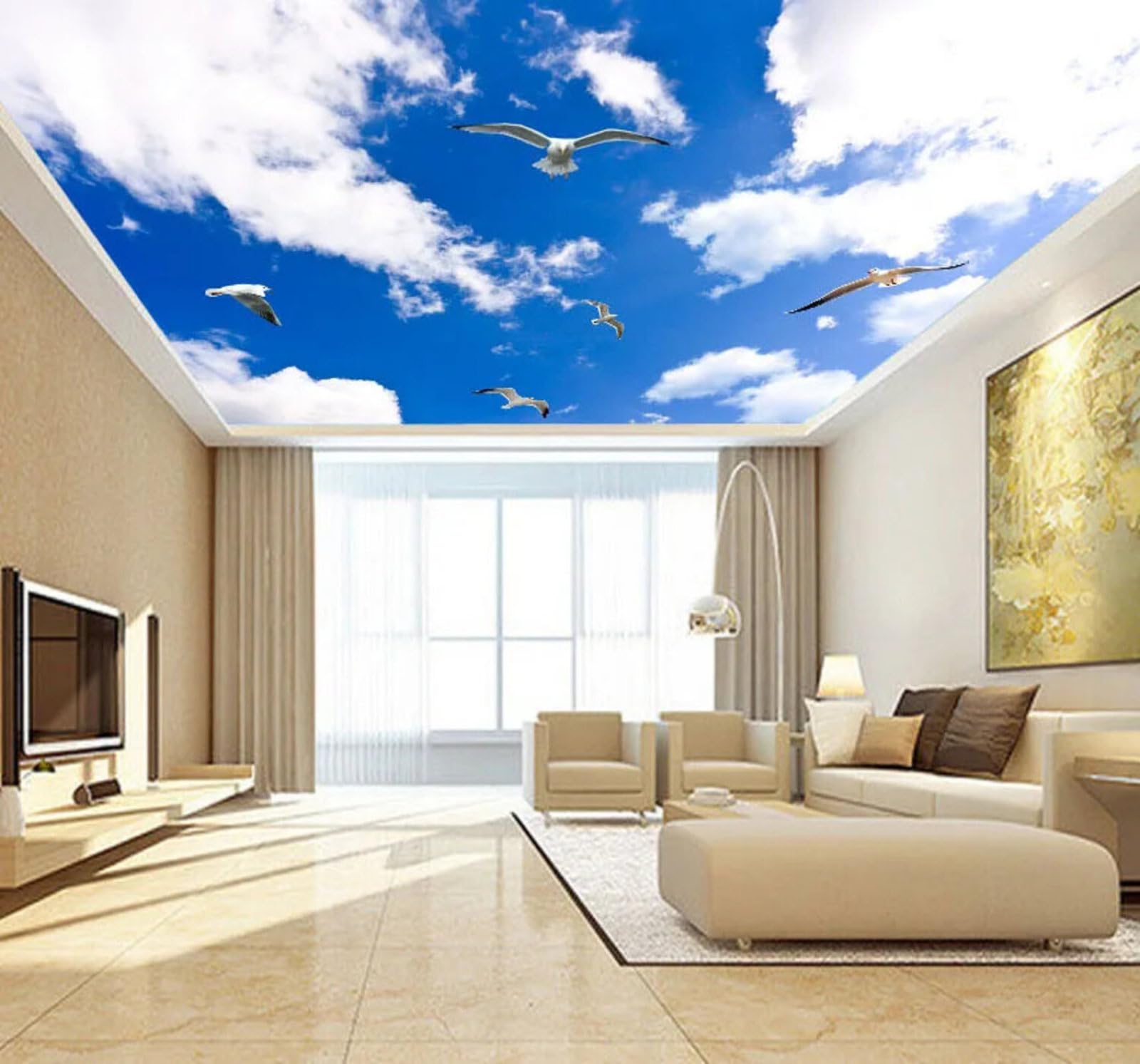 Wallpaper-3D-Xlm 250Cm×170Cm(B×H) Fresh Minimalist Blue Sky White Clouds Birds In Flight 3D Wallpaper Easy Install Feature Office Living Room Sofa Bedroom Tv Background Wall Decoration-250Cm×170Cm