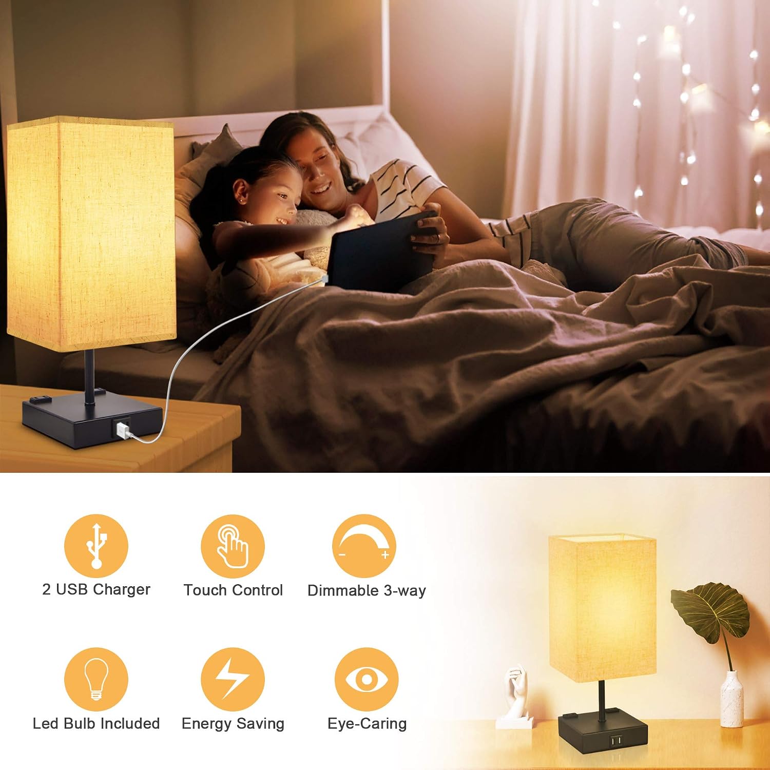 Honesorn 3-Way Touch Control Table Lamp Dimmable, Bedside Lamp with 2 USB Charging Ports and AC Outlets,Modern Nightstand Lamp with Square Fabric Shade and Dimmable LED Bulb for Bedrooms, Guest Room