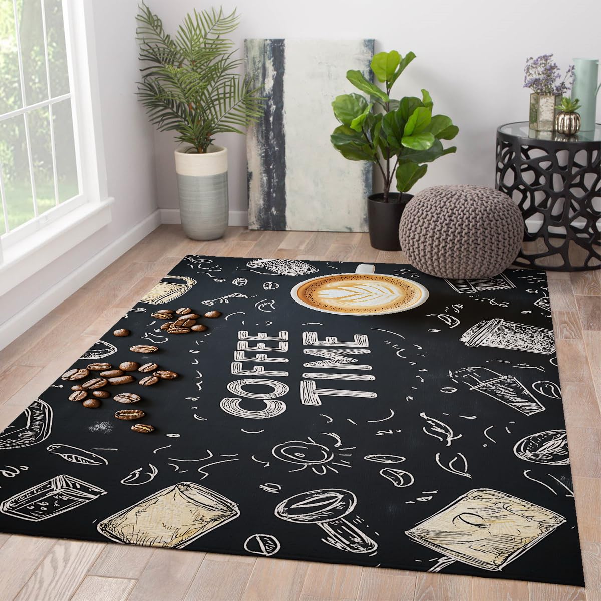Tapis lavable salon noir 80x150 carpette cuisine à poil ras et doux