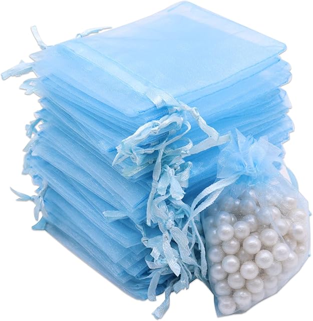 Leeyunbee 100 szt. 7 x 9 cm jasnoniebieskie torebki z organzy, torebki na prezenty z organzy, torebki na biżuterię z organzy, torby na cukierki, torby na prezenty ślubne ze sznurkiem, używane na ślub,