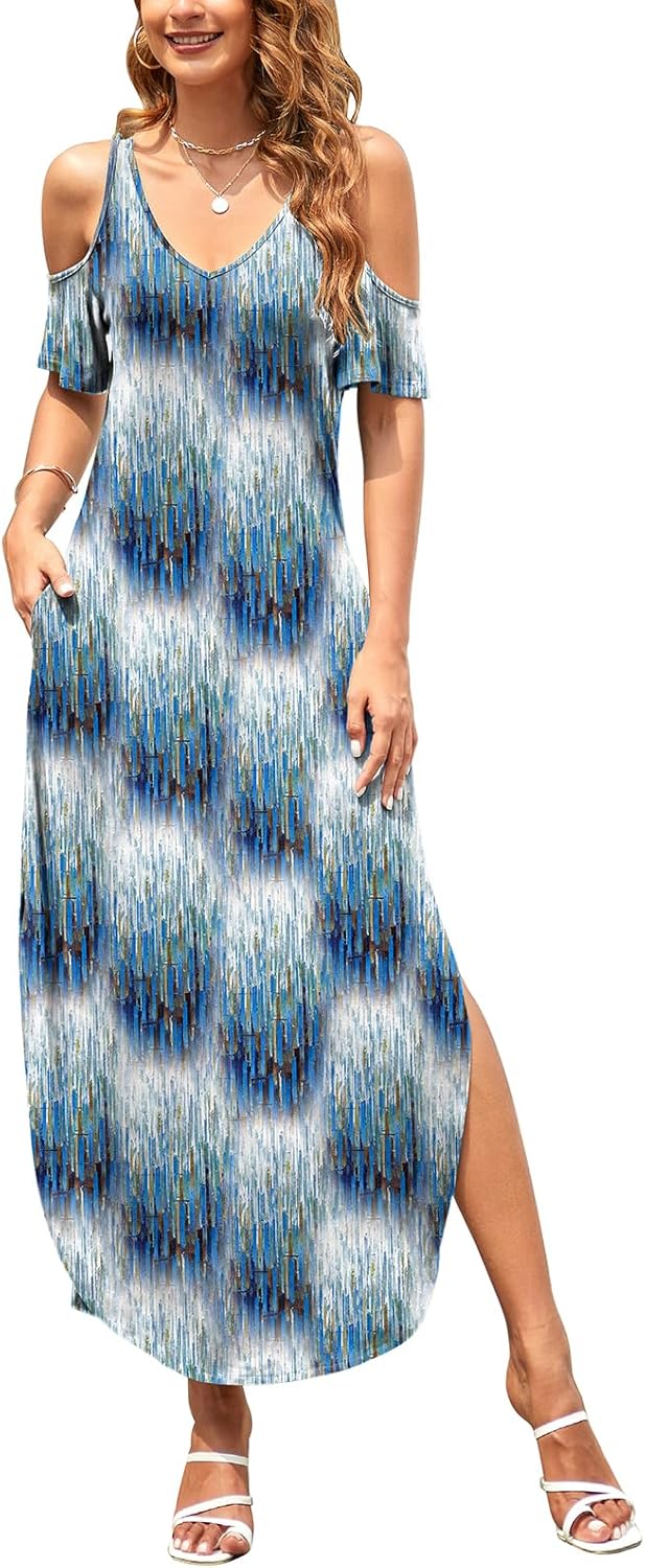 HUSKARY Women's Summer Maxi Dresses V Neck Cold Shoulder Short Sleeve Casual Loose Long Split Dress with Pocket