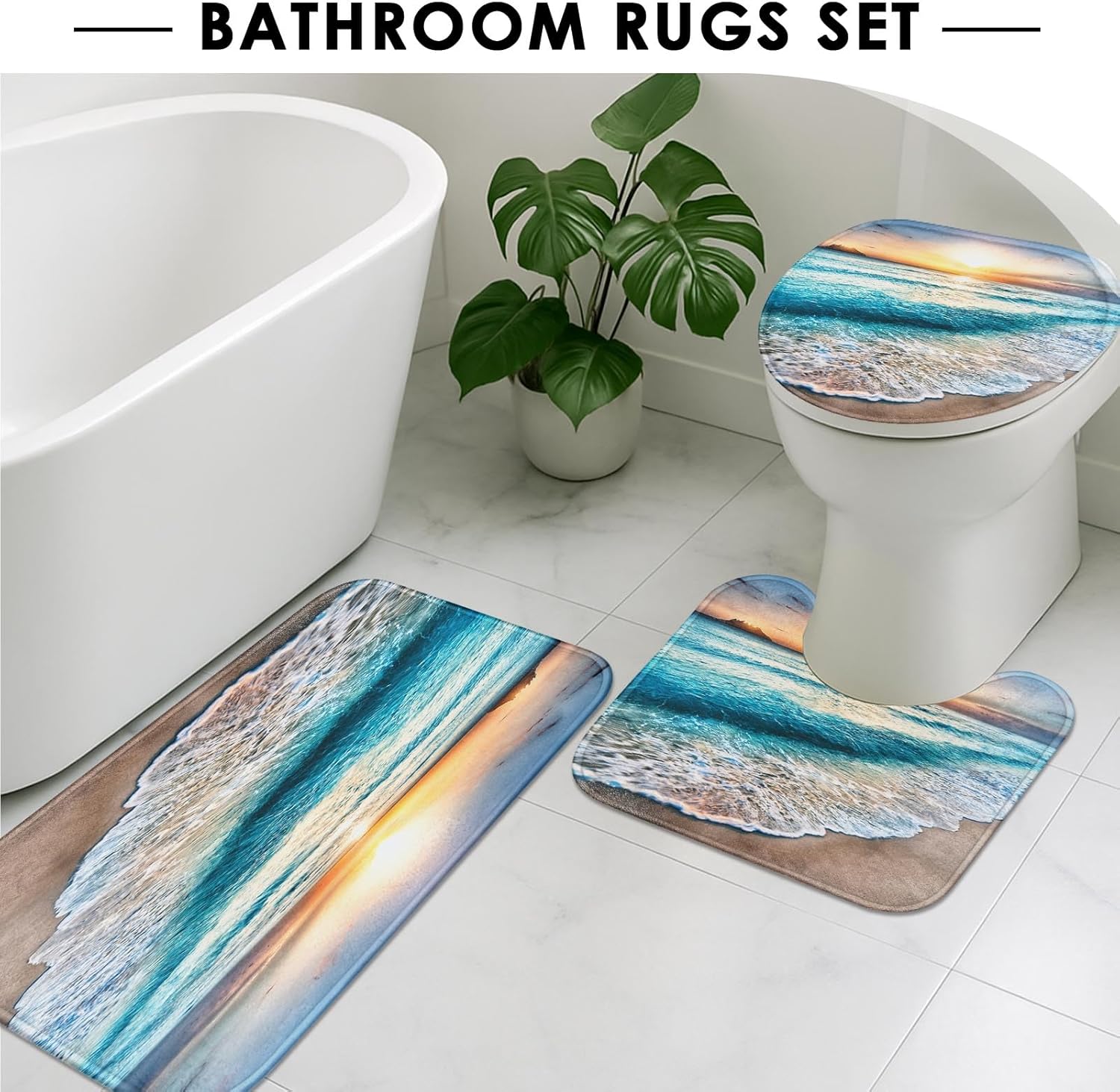 ArtSocket 4 Pcs Shower Curtain Set Beautiful Sunrise Over Sea Beach Sunny Sunset Marine Natural with Non-Slip Rugs Toilet Lid Cover and Bath Mat Bathroom Decor Set 72" x 72"