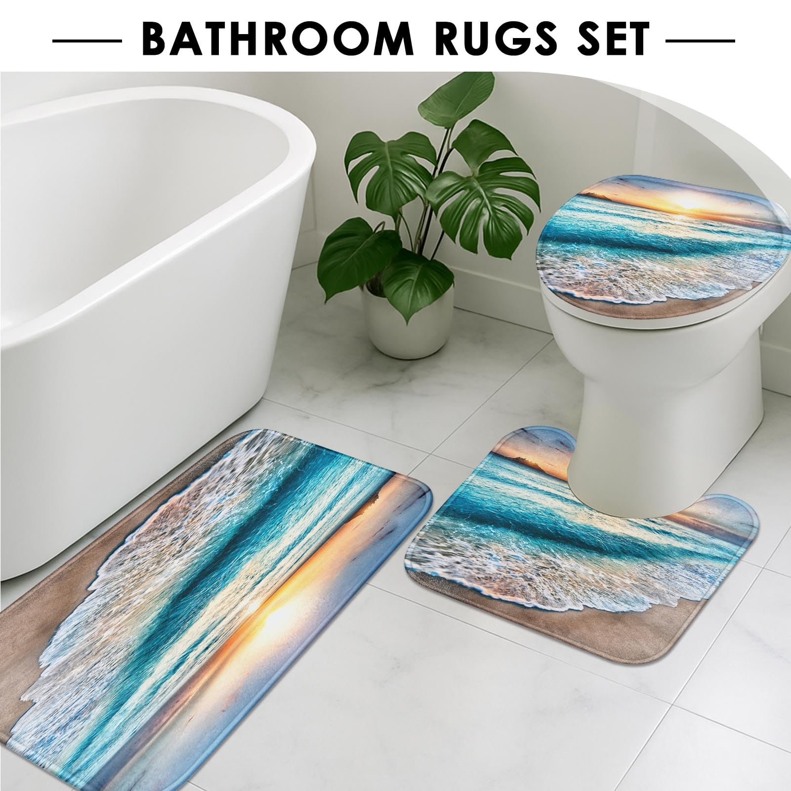 ArtSocket 4 Pcs Shower Curtain Set Beautiful Sunrise Over Sea Beach Sunny Sunset Marine Natural with Non-Slip Rugs Toilet Lid Cover and Bath Mat Bathroom Decor Set 72" x 72"