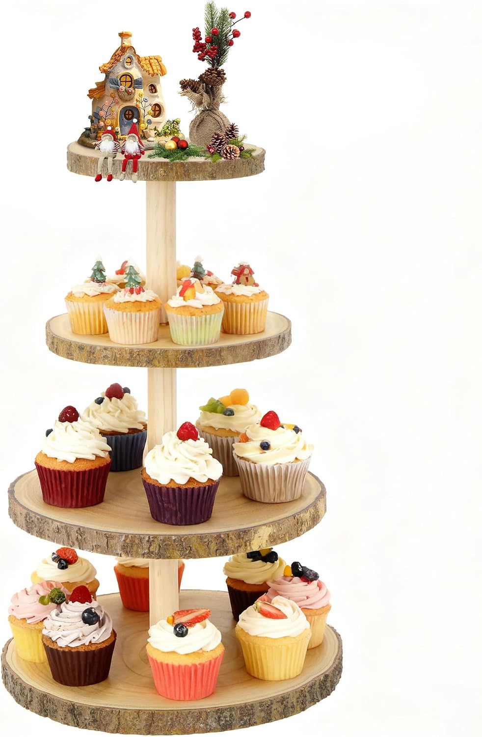 4-Tier Wooden Cupcake Stand, Dessert Tower Rustic Tiered Display Stand for 24 Cupcakes, Round Cupcake Tower Holder for Woodland Shower Decorations, Wedding, Birthday, Tea Party, Graduation