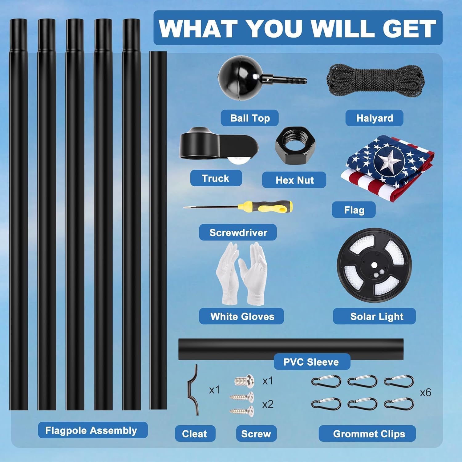 25FT Black Flag Pole Kit with Solar Light in Ground, 12 Gauge Extra Thick Aluminum Flagpole with 3x5 TearProof Embroidered American Flag and 126 LED Light,10 Hour Dusk to Dawn US Flag Set for Outdoor