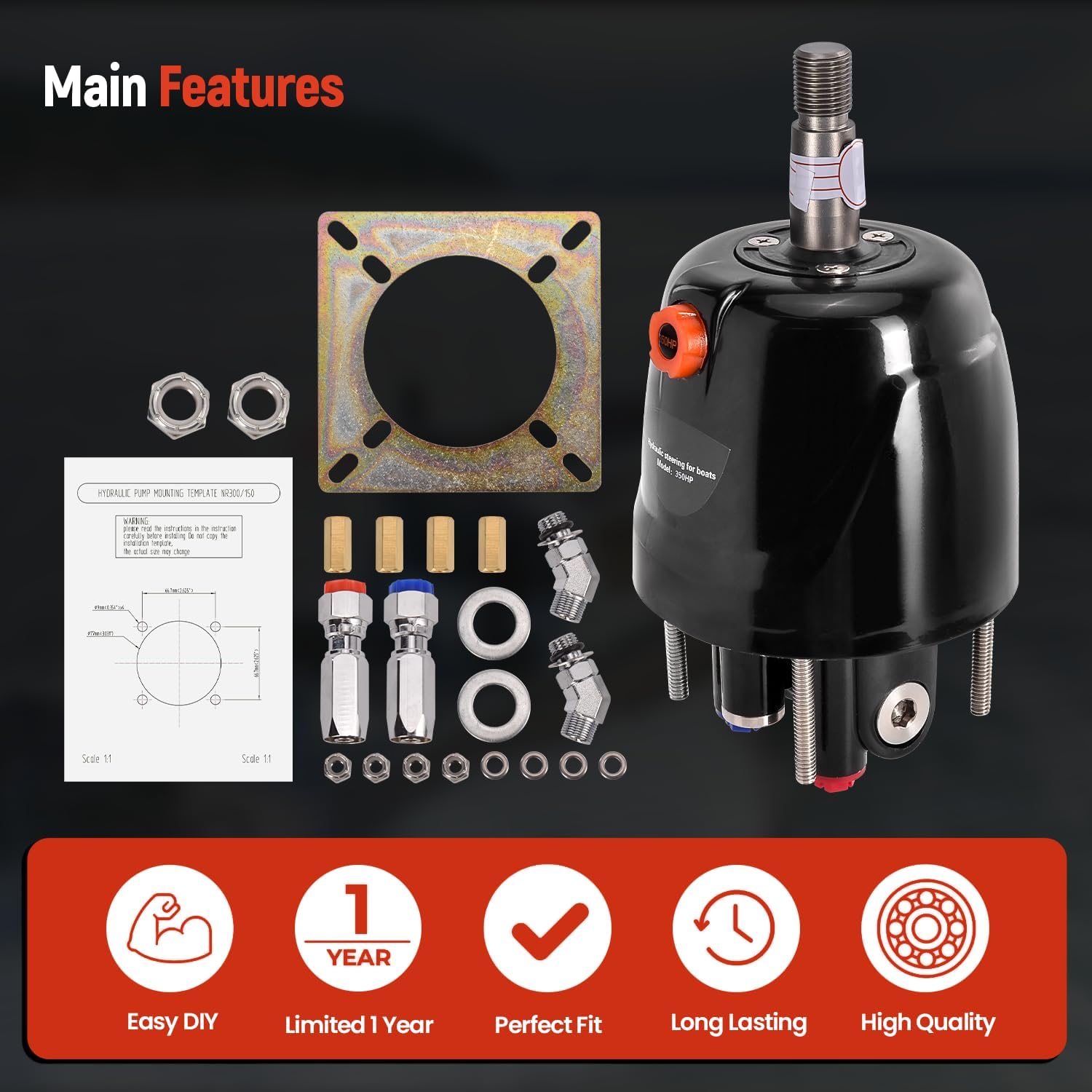 HH5271-4 Front Mount 1.7 cu in Hydraulic Marine Helm Pump, Corrosion-Resistant Steering Pump for Outboard & Inboard Boats, Smooth & Precise Control Compatible with Seastar