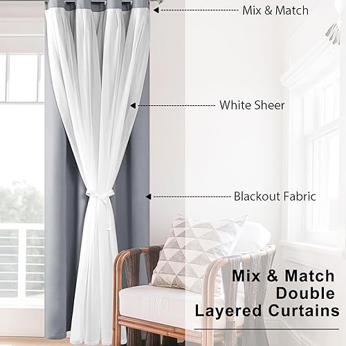 Miniatura 5 de Hiasan Cortinas opacas grises con superposición transparente, con ojales, aislamiento térmico, para mezclar y combinar, cortinas de oscurecimiento