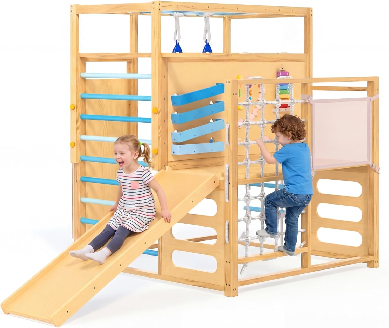Jungle Gym with Slide, Rock Wall, Wood ＆ Rope Ladder, Monkey Bars, Gym Rings