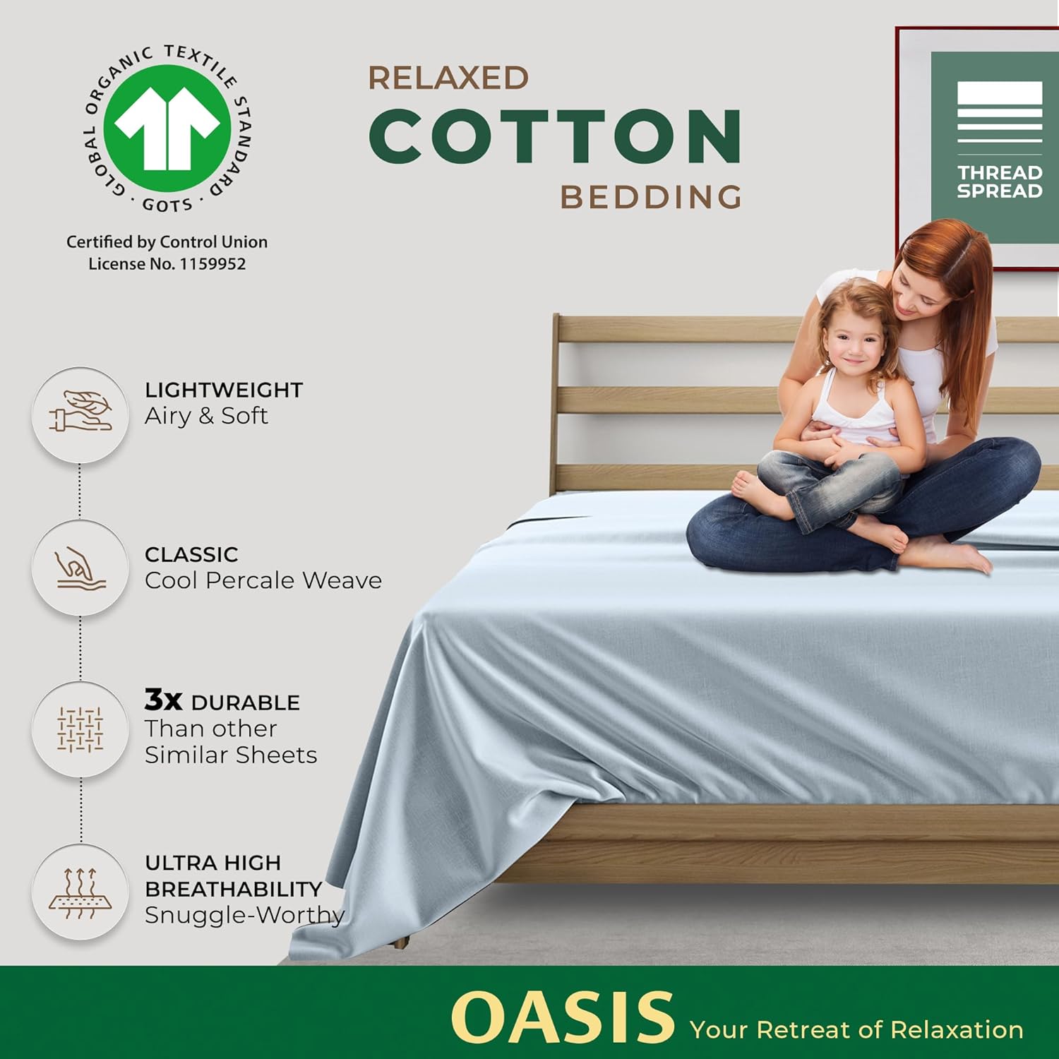 THREAD SPREAD 100% Organic Cotton Percale Flat Sheet Queen Size - 1 PC Flat Sheet, Light Blue - Crisp, Cool and Strong Bed Linen, Top Sheets for Hot Sleepers, Luxury Breathable GOTS Certified Sheets
