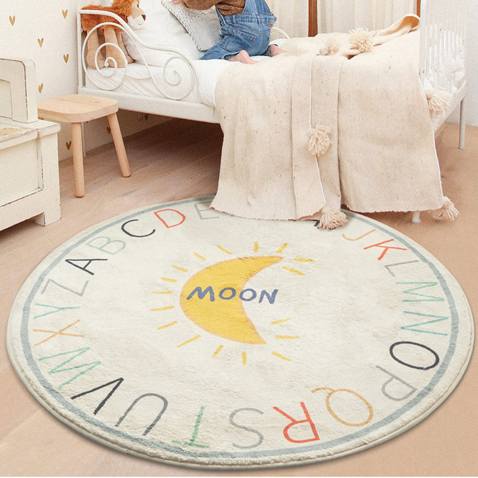 Rururug Tapis Rond, Tapis pour Enfants, Alphabet de Dessin animé Lune Couloir Salon entrée Moquette décoration d'intérieur Tapis Lavable antidérapant, ø140 cm