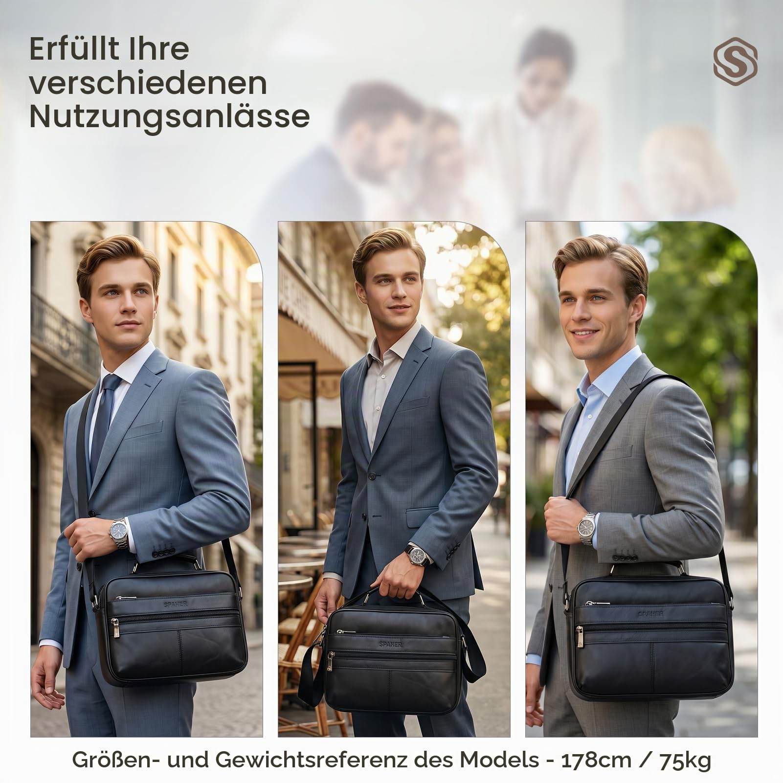 SPAHER Umhängetasche Leder Herren Herrentasche Schultertasche Echtes Leder Messenger Bags Handgelenktasche Herren Schultertasche Crossbody Bag Geschenk für Männer Schwarz