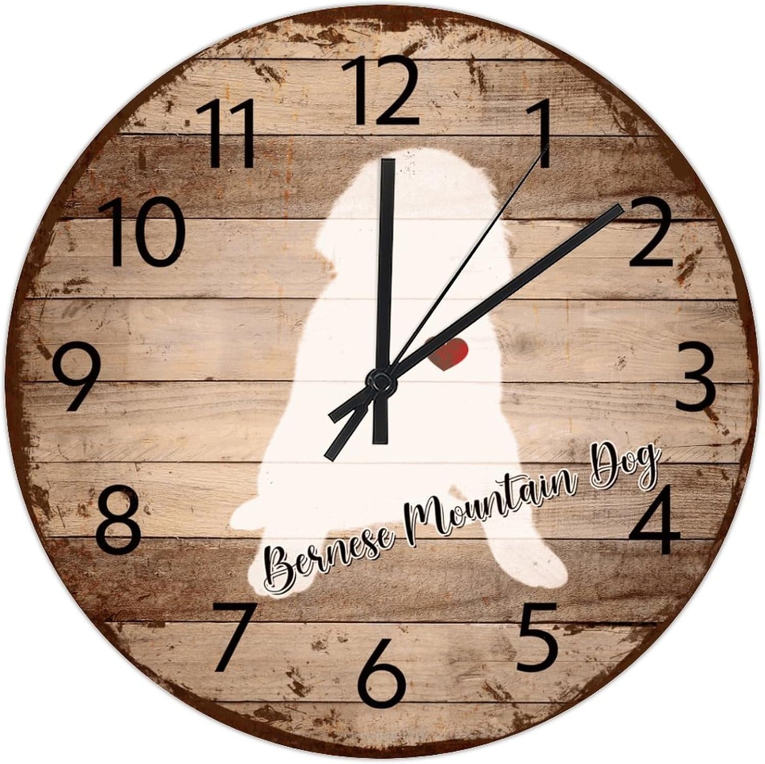 Wooden Wall Clock Analog Round Non-Ticking Bernese Mountain Dog Country Wall Clocks Animal Silhouette Puppy Dog Shaped Home Decoration for Nursery Hotel Dining Room 15 Inch