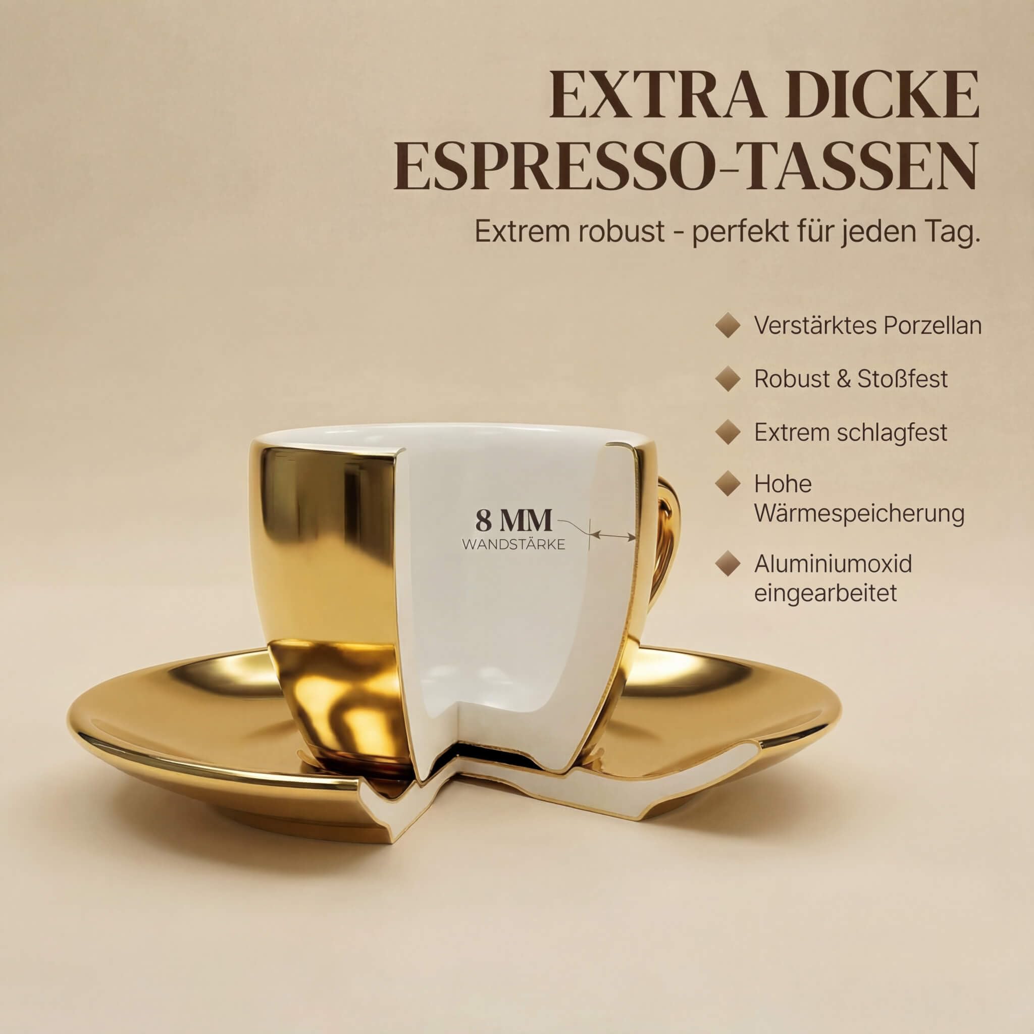 6 x filiżanki do espresso 60 ml | złoty - chrom | styl włoski | grube ścianki i ciężkie | zestaw 6 filiżanek do espresso ze spodkami - zestaw upominkowy