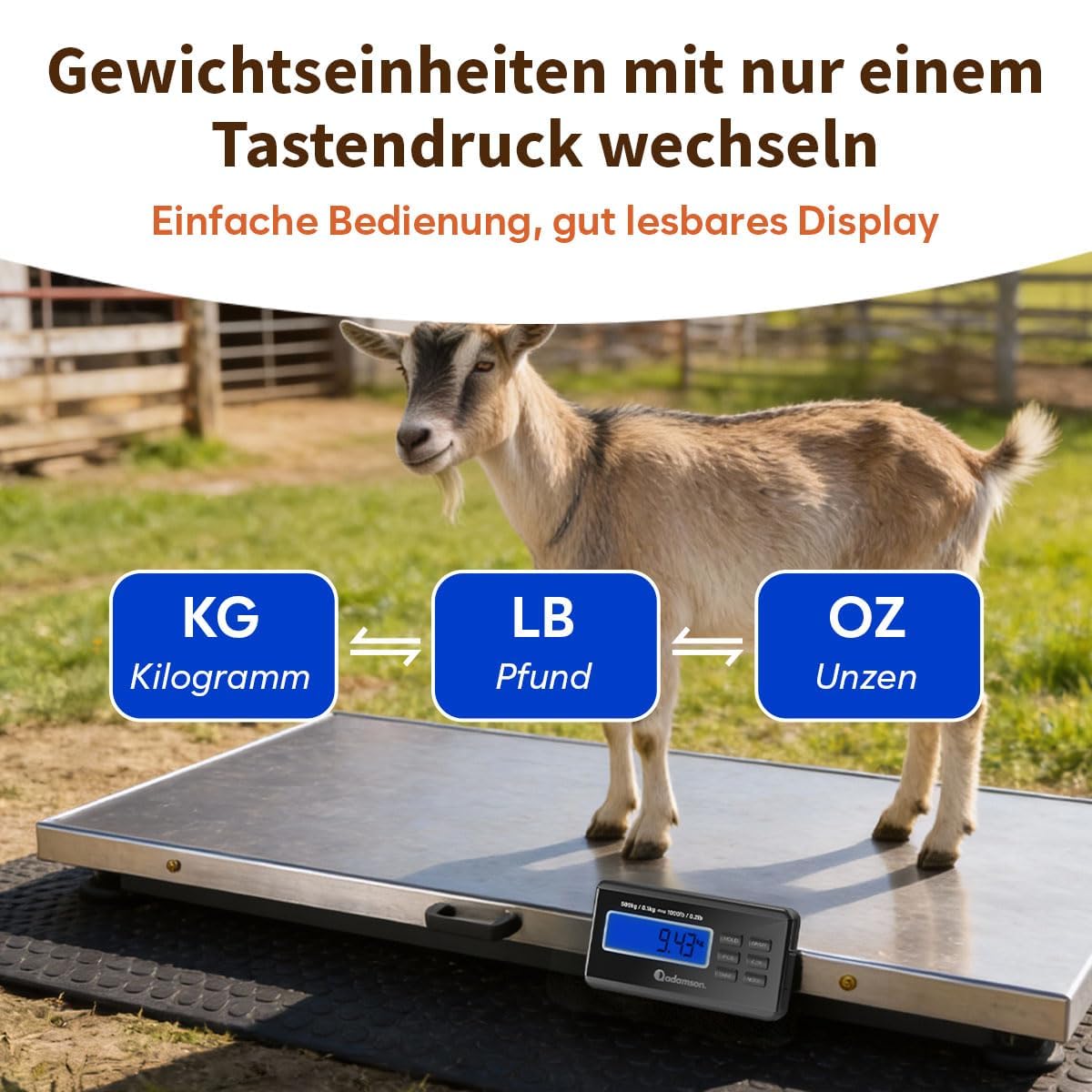 Adamson Tierwaage 500 kg – Digitale Plattformwaage & Hundewaage für große Hunde, Schafe, Ziegen & Schweine – Präzise Viehwaage mit Tare, Hold & PCS – Batteriebetrieb oder Netzteil