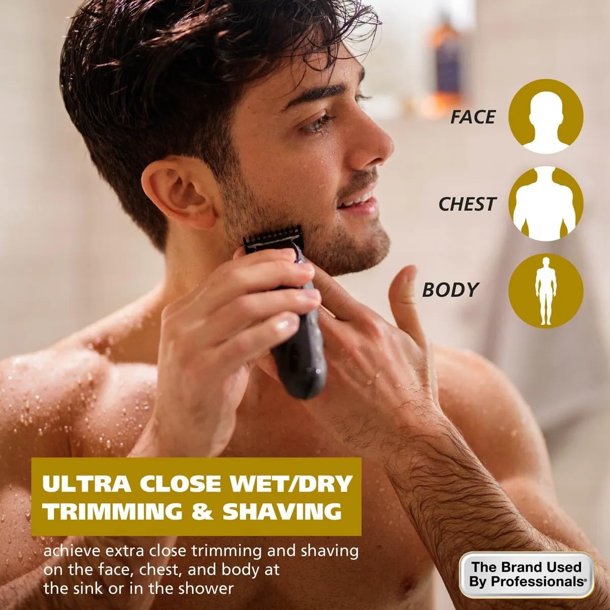 Man using Wahl Manscaper Trimmer for ultra-close wet/dry trimming on face, chest, and body