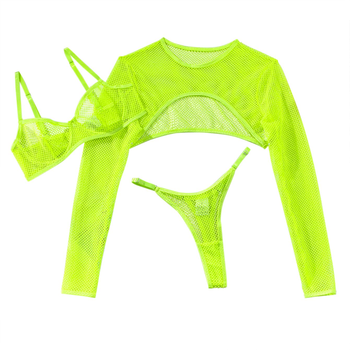 Lilosy Sexy Fishnet Sheer Underwire Rave Outfits Top Bra Panty 3 Piece Lingerie Set: 2X-Small Neon Green