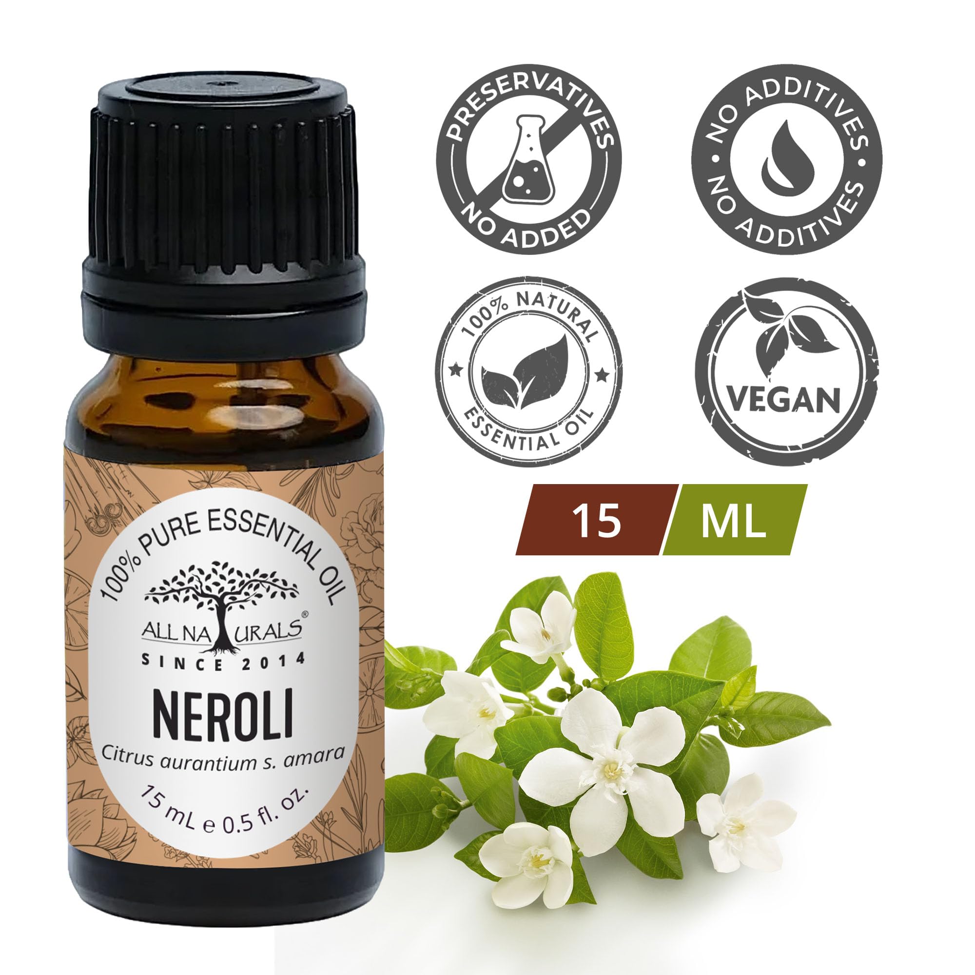 All Naturals Neroli Essential Oil 100% Pure for Clear Face, Glowing Skin, Sound Sleep & Diffusers, Deep Citrusy Floral Aroma - 15 mL 1