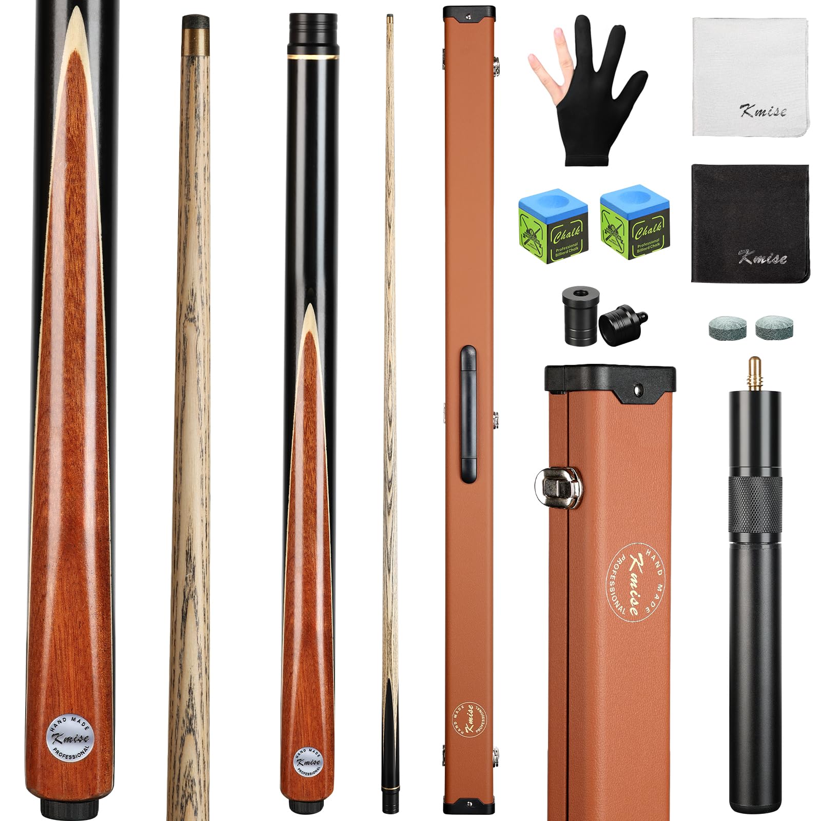 Kmise 57" 3/4 Jointed Snooker Billiard Pool Cue Handcrafted 9.5MM Tip Ash Wood Cue 19oz with Telescopic Aluminium Extension & Billiard Cue Case | Chalk & Glove Accessories Snooker Cue Set Zebrawood