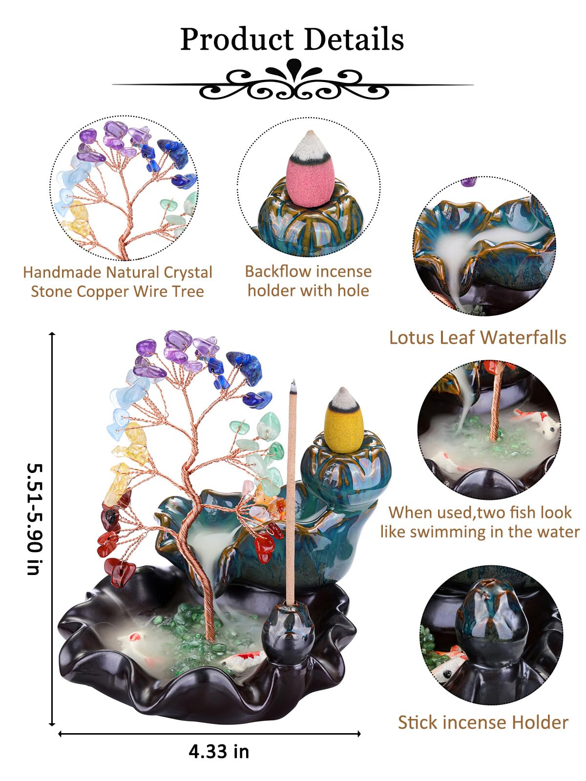 JSDDE - Soporte para incienso con árbol de cristal, 7 chakras, lote de quemador de incienso cascada de cerámica con pulsera de árbol de la vida, piedras naturales, quemador de reflujo, decoración de