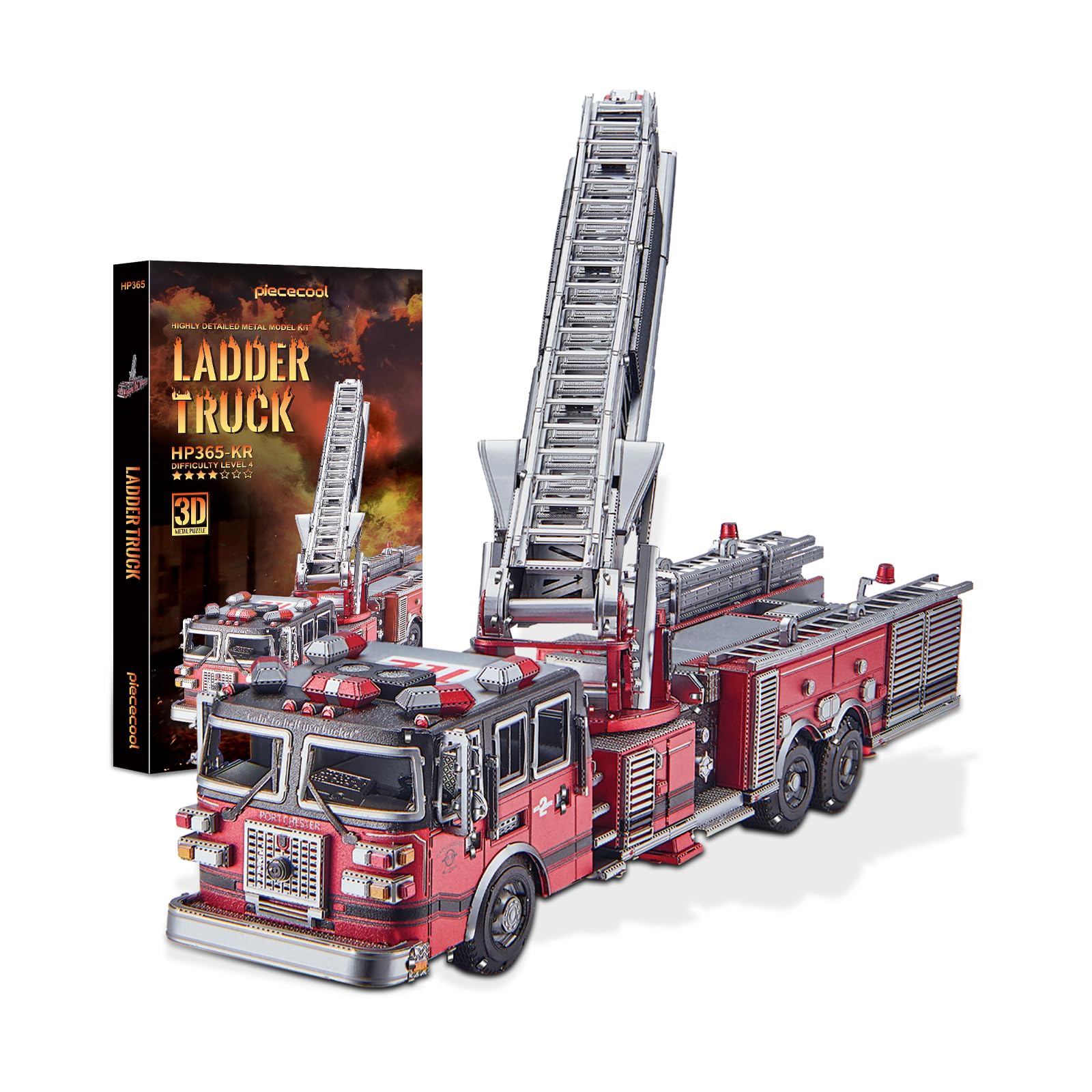 Piececool 3D Puzzle Metall Feuerwehr-Drehleiter Truck, Klassische Transport Feuerwehrauto Handwerk Modellbausatz,DIY Set Erwachsene,354 Teile