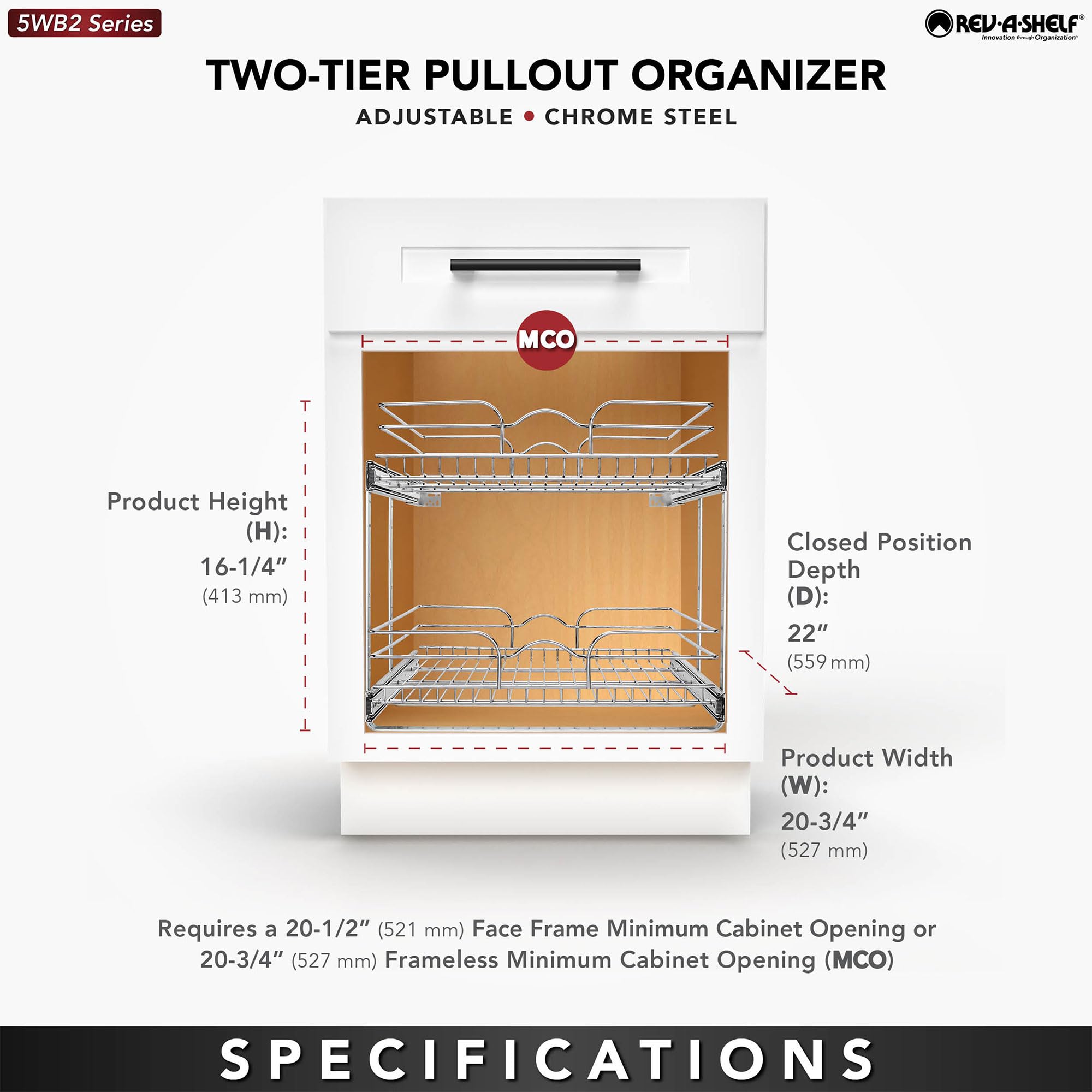 Rev-A-Shelf 2 Tier Kitchen Cabinet Pullout Shelf and Drawer Organizer Slide Out Pantry Storage Basket in Multiple Sizes, 21 x 22 In, 5WB2-2122CR-1