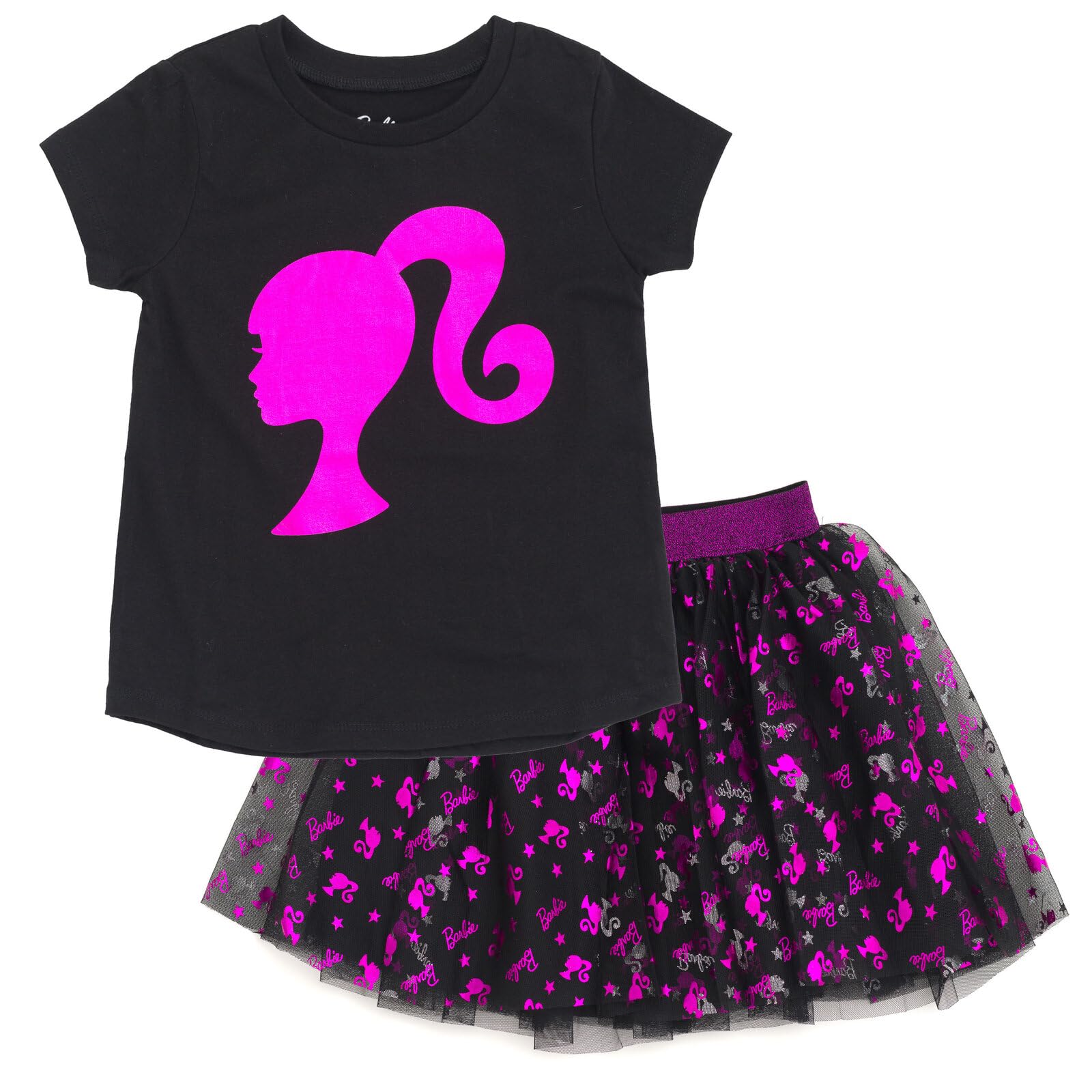 Barbie Maglietta da ragazza con stampa metallizzata e gonna in tulle, per bambini piccoli e grandi