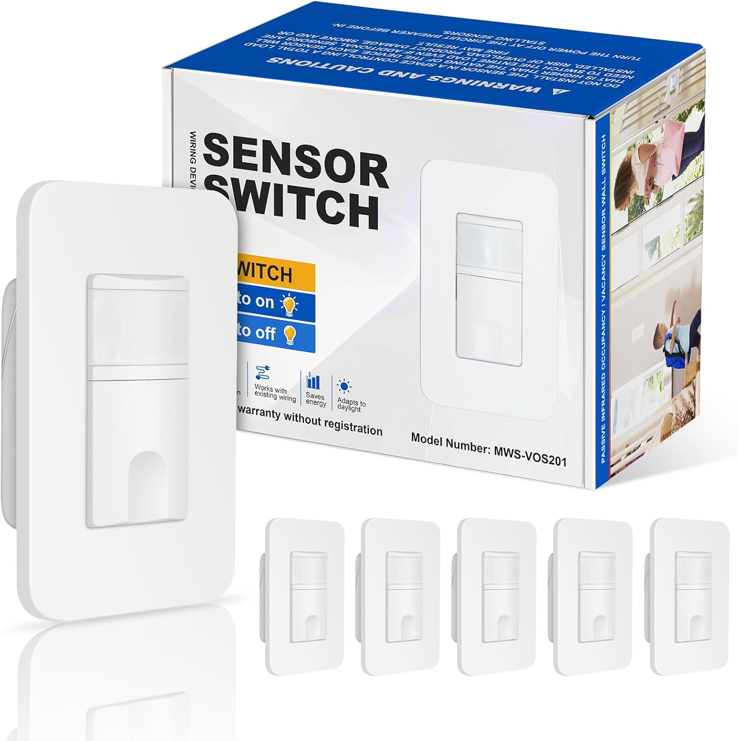 6 Pack Motion Sensor Light Switch Indoor, Occupancy Motion Sensor Light Switch, No Neutral Wire, Single Pole for CFL/LED/Incandescent Bulb, for Bathroom, Garage, UL Listed, Wall Plate Included