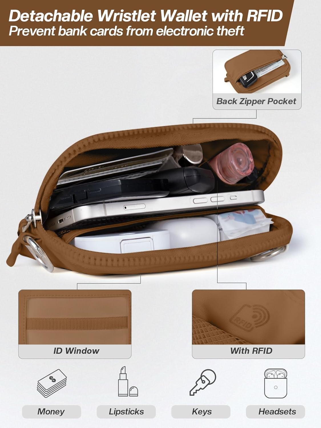 Clip and Go Strap for Phone with Wallet Crossbody Phone Lanyard Adjustable and Detachable RFID Wristlet Wallet with ID Window and Zipper, Brown Large - Image 4