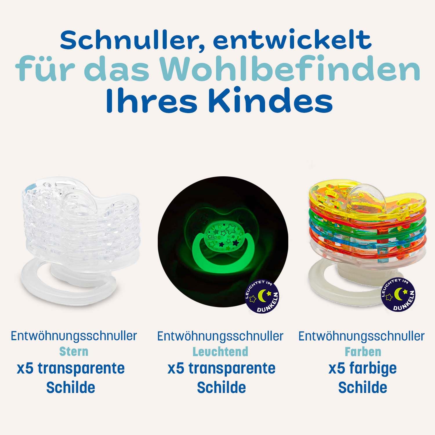 CLIPP Set – Entwöhnungsschnuller Sterne + 5 Entwöhnungsschilde zur schrittweisen Abgewöhnung + Gebrauchsanweisung – Spielerisch, einfach & sanft – Patentiert – Entworfen in Frankreich – Ab 2