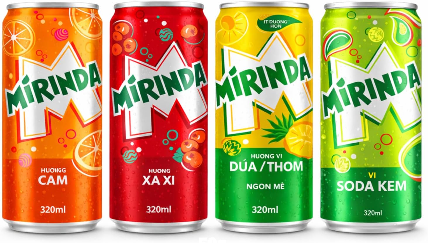 Mirinda Assorted Flavored Carbonated Soft Drink Combo Pack, 320ml Cans (Pack of 4) – Orange, Strawberry, Pineapple & Cream Soda – Refreshing Fizzy Beverage with Fruity Taste – Ready to Drink Party Soda Cans for Home, Travel & Celebrations By COUGAR - (Imported-VIET)