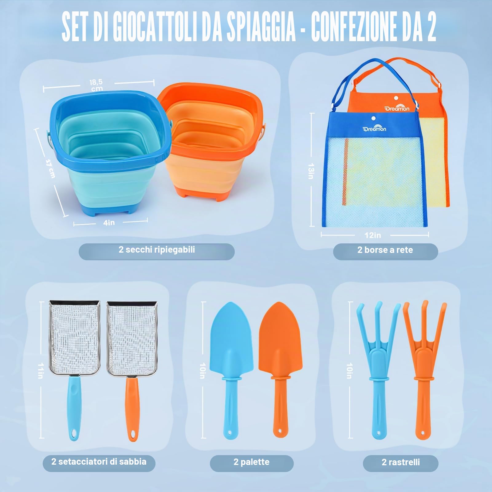 Dreamon Giochi Spiaggia Bambini Set 3 4 5 Anni con Secchiello Spiaggia Bambini Pieghevole Sacco a Rete Setaccio per La Sabbia Pala e Rastrello Giocattoli Regalo Esterno per Bambini e Bambine