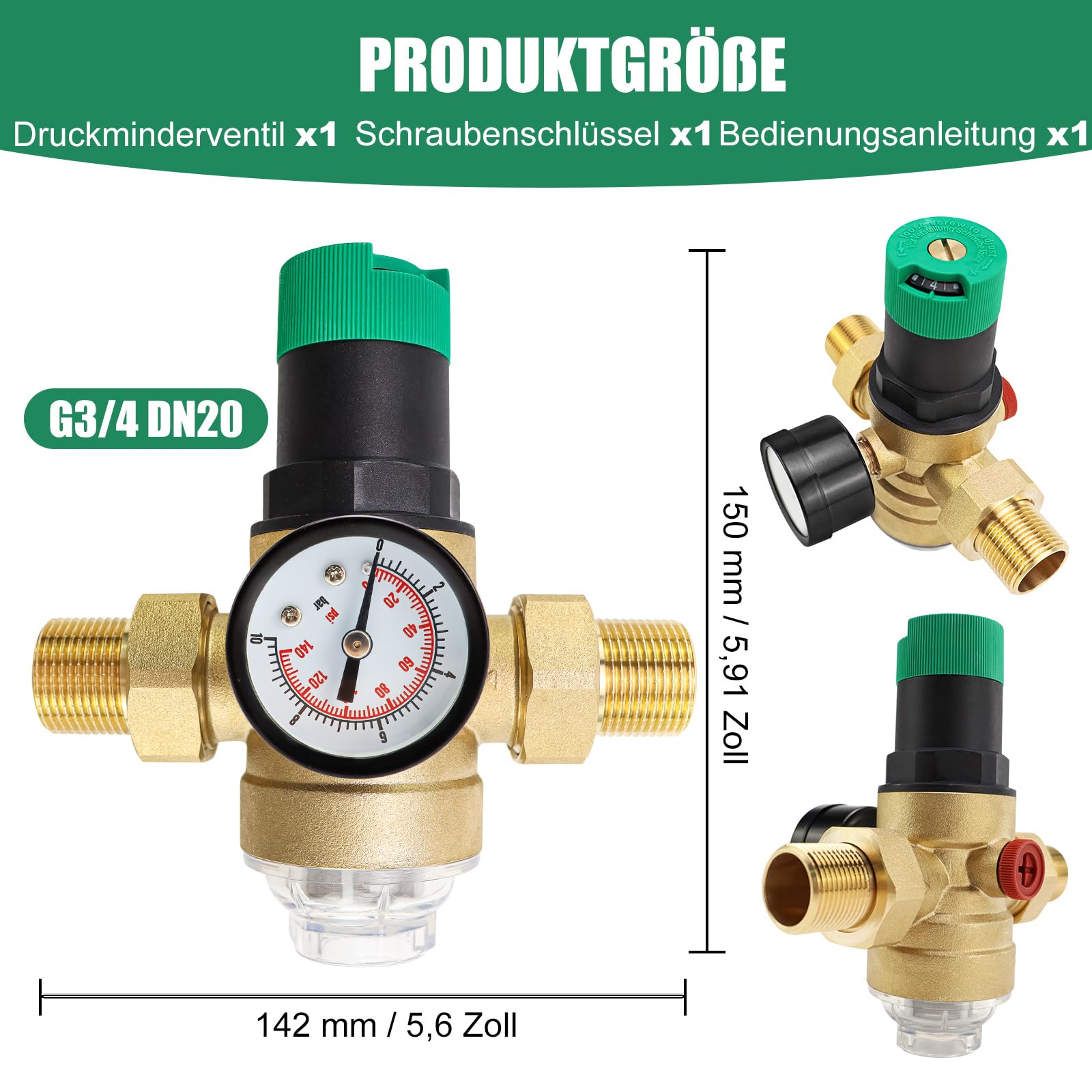 Druckminderer Wasser, 3/4 Zoll DN20 Wasserdruckminderer Messing Druckmindererventil mit Manometer und Filter, Druckregler Wasser Überdruckventil zur Regulierung des Wasserdrucks