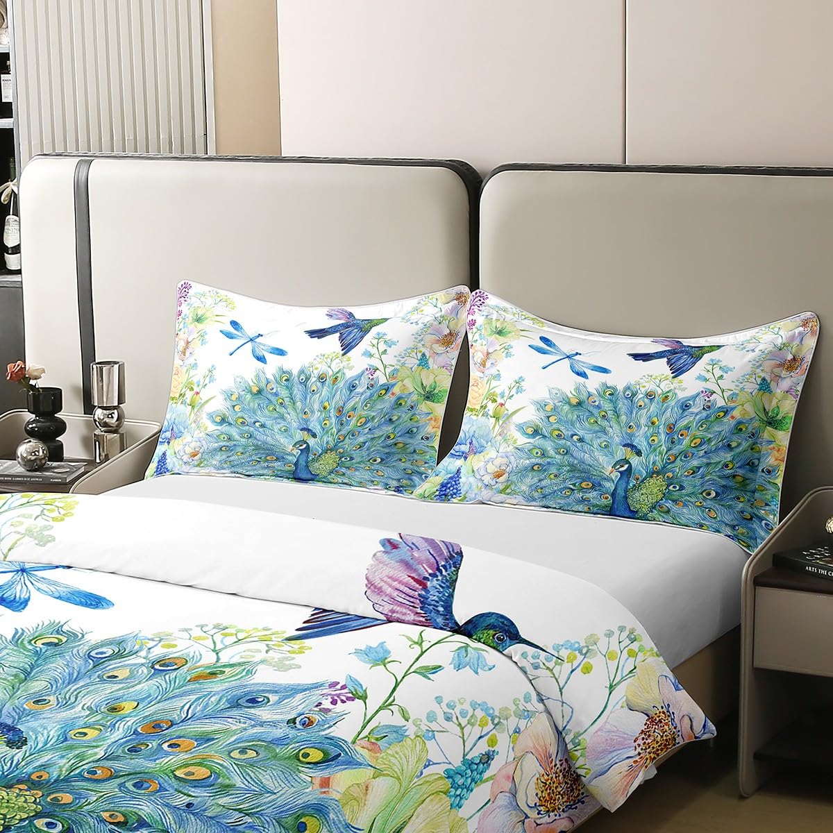 Peacock 100% Cotton Duvet Cover Set Double Hummingbird Dragonfly Comforter Cover Flower Birds Pattern Bedding Sets for Girls Women Navy Blue Floral Animals Fresh Nature Quilt Cover with 2 Pillow Cases - Image 4