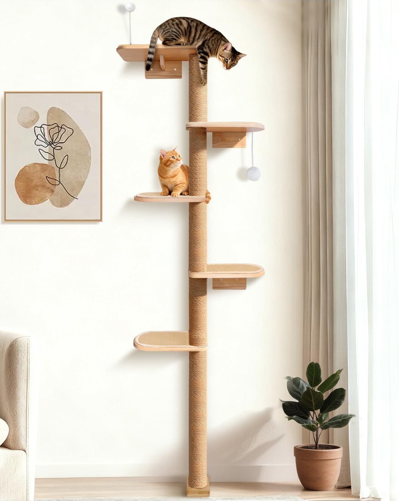 210cm Tall Cat Tree, 5 Tier Floor to Ceiling Cat Tower, Wall-Mounted Kitten Scratching Post, Wild Simulation Cat Wall Furniture with Sisal Pad Platform, Suitable for Climb, Scratch and Play