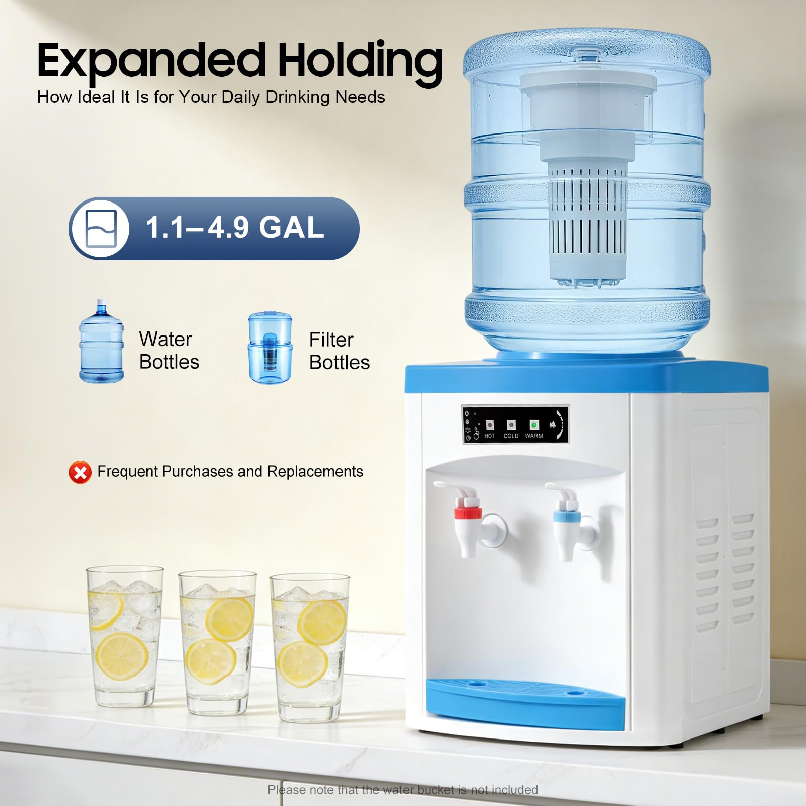 Fontaine à Eau Chaude Froide et Tempérée Électrique, Distributeur d'eau Bureau Maison, Triple Température 90°C 8°C Ambiante, Compatible Bidons 4,5L-18,9L, INOX PP, Pose Libre ou de Table, Ultra Léger