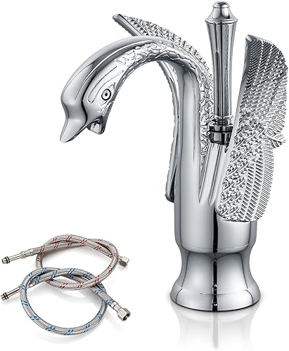 Cinwiny Grifo de lavabo de baño, cromado pulido, con forma de cisne de un solo mango, un agujero, mezclador de lavabo, montaje en cubierta, grifo de