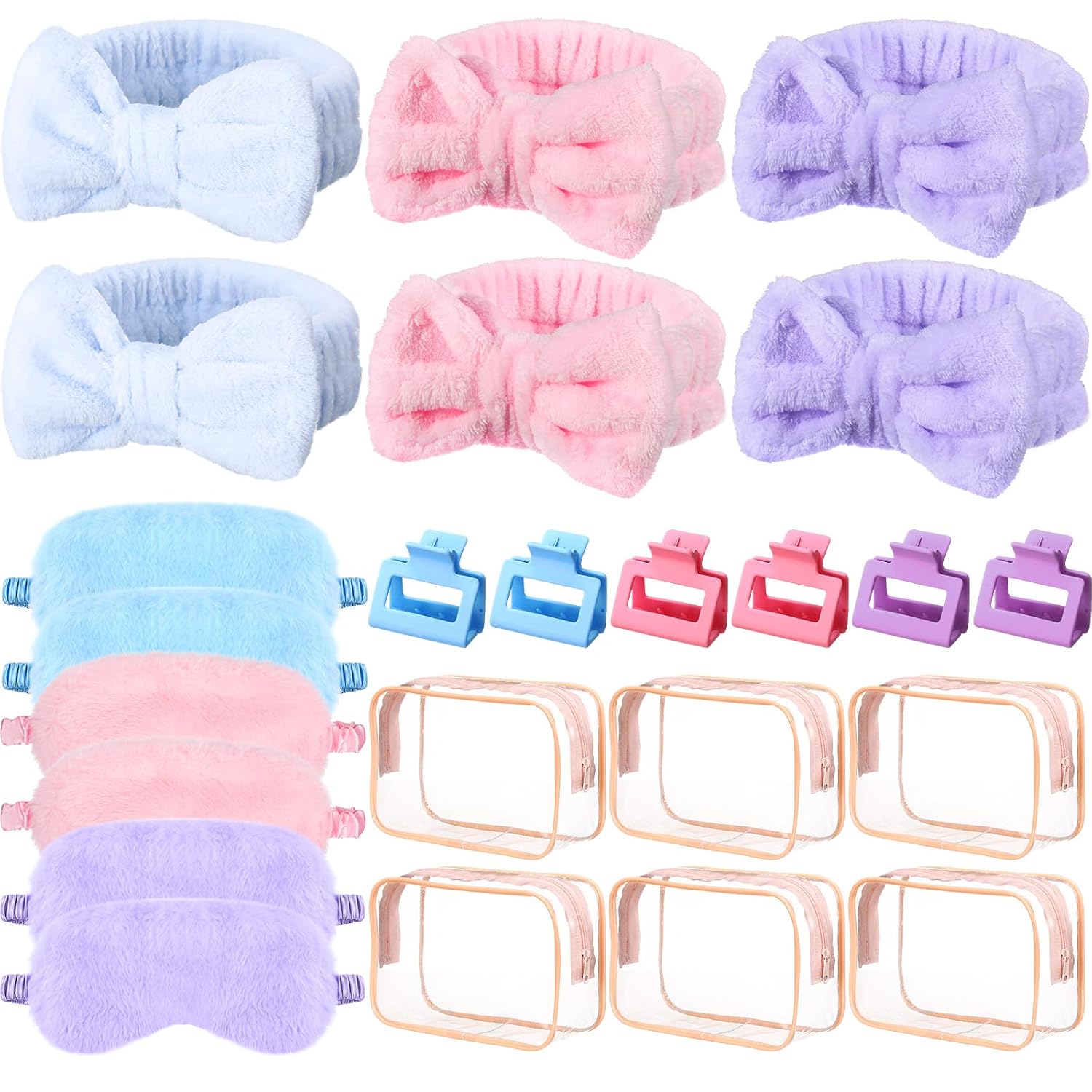24pcs Sleepover Party Supplies for Woman Spa Slumber Party Favors Spa Headband Plush Sleep Eye Mask Hair Claw Clips Clear Cosmetic Bags for Weekend Trip Graduation Gifts(Colorful)