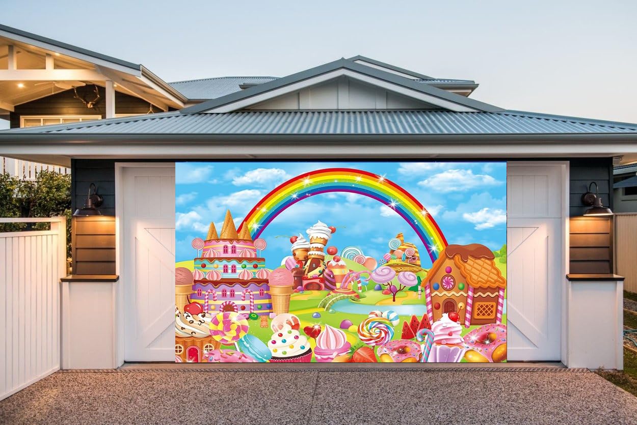 Candy Theme Party Backdrop Cartoon Rainbow Lollipop Sweet Donut Candy Photography Background for Kid Adult Candy Garage Door Decoration Banner Baby