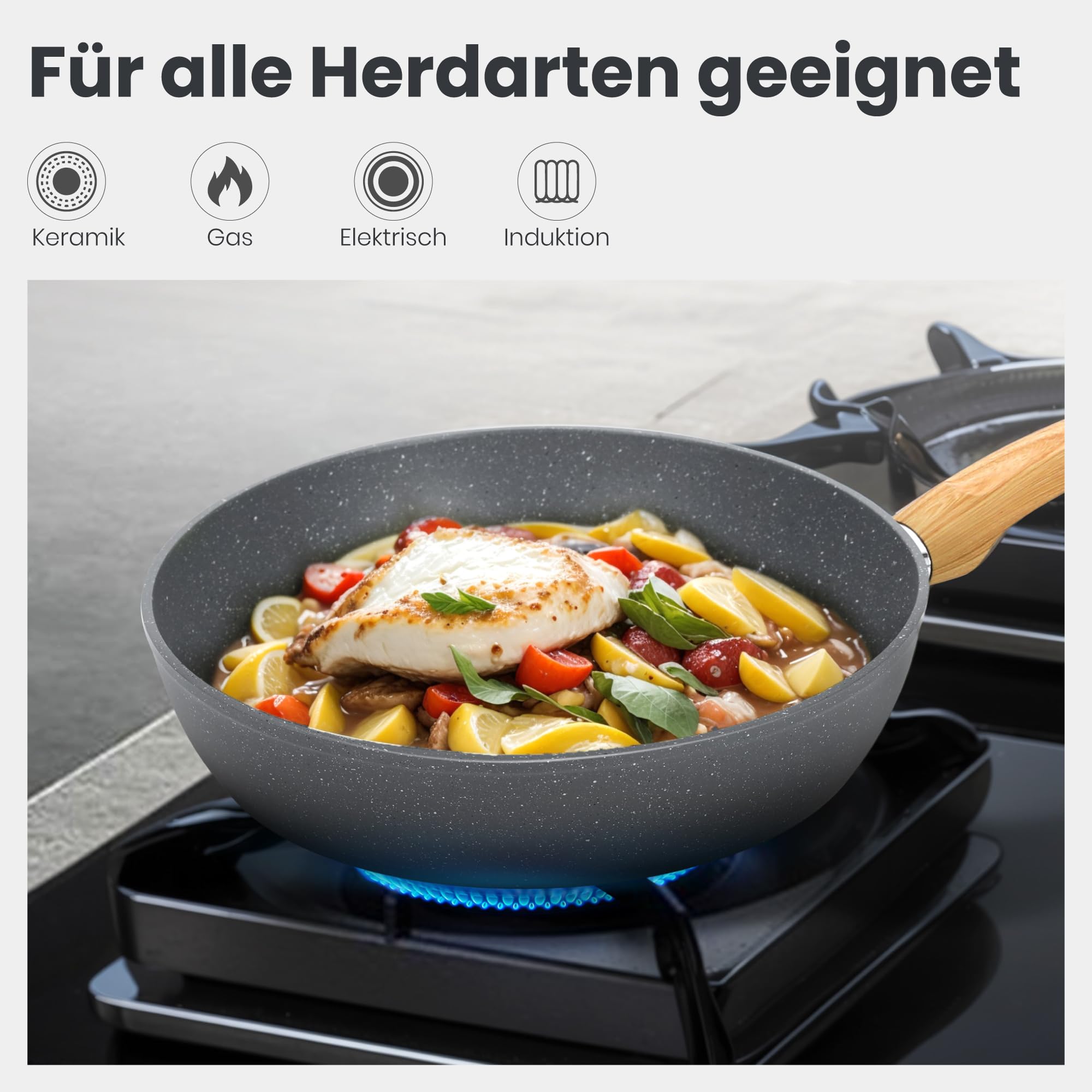 DishDelight Juego de Ollas y Sartenes 12pcs Aluminio Antiadherente Sartene Wok Cacerola con Tapas para Todas las Cocinas Inducción
