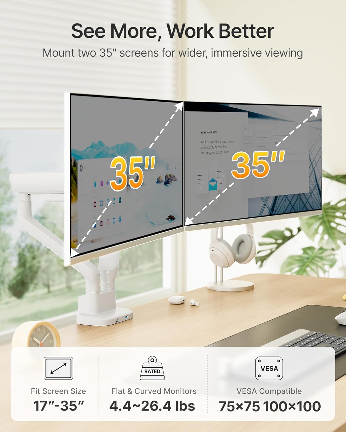 monTEK Dual Monitor Arm with USB, Mechanical Spring Monitor Arm for 17-35" Screens, Adjustable Monitor Desk Mount Each Holds up to 26.4 lbs with C Clamp/Grommet Desk Mount, VESA 75/100mm