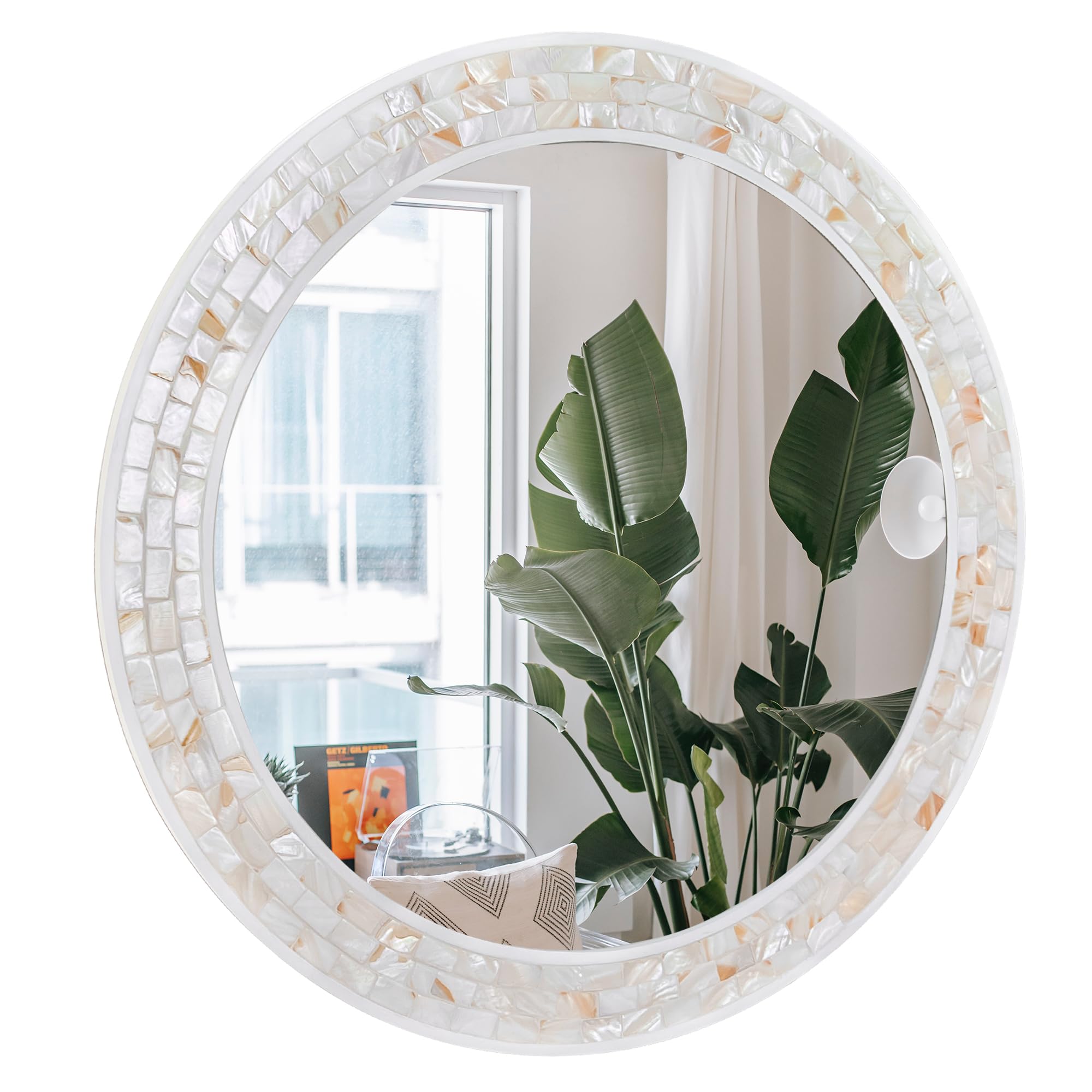 Mosaic Mirrors for Wall 30 Inch Natural Mother of Pearl Inlay White Framed Round Mirror for Bathroom Bedroom