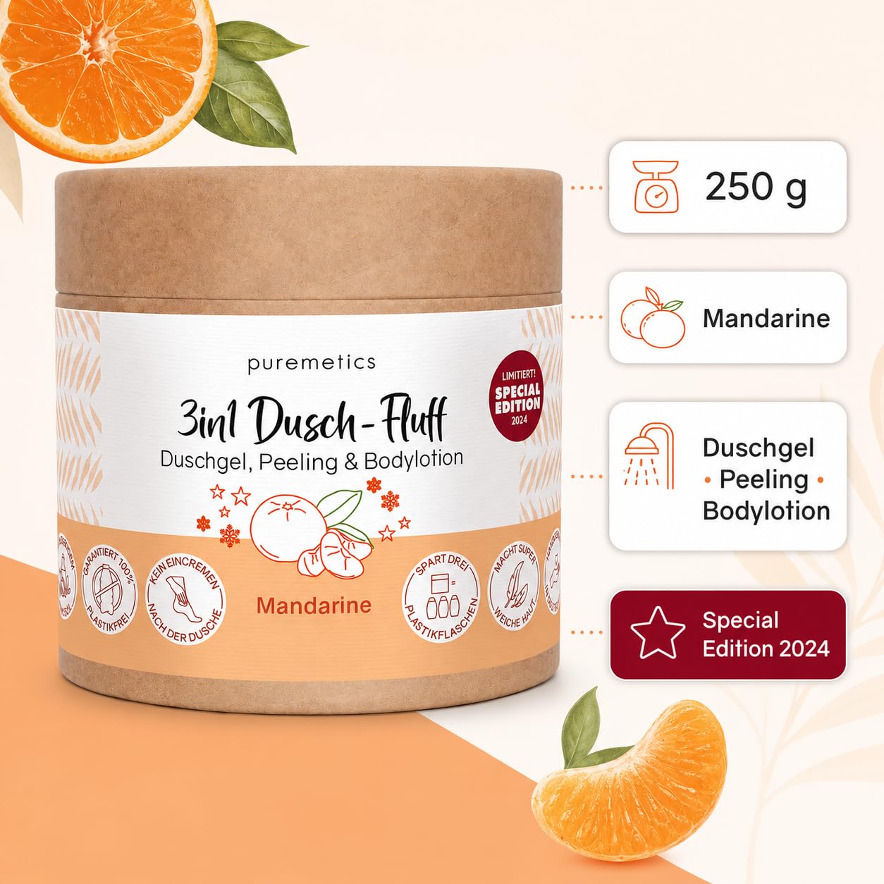 Puremetics 3in1 Dusch-Fluff, Mandarine mit Zuckerpeeling, LE, 250g