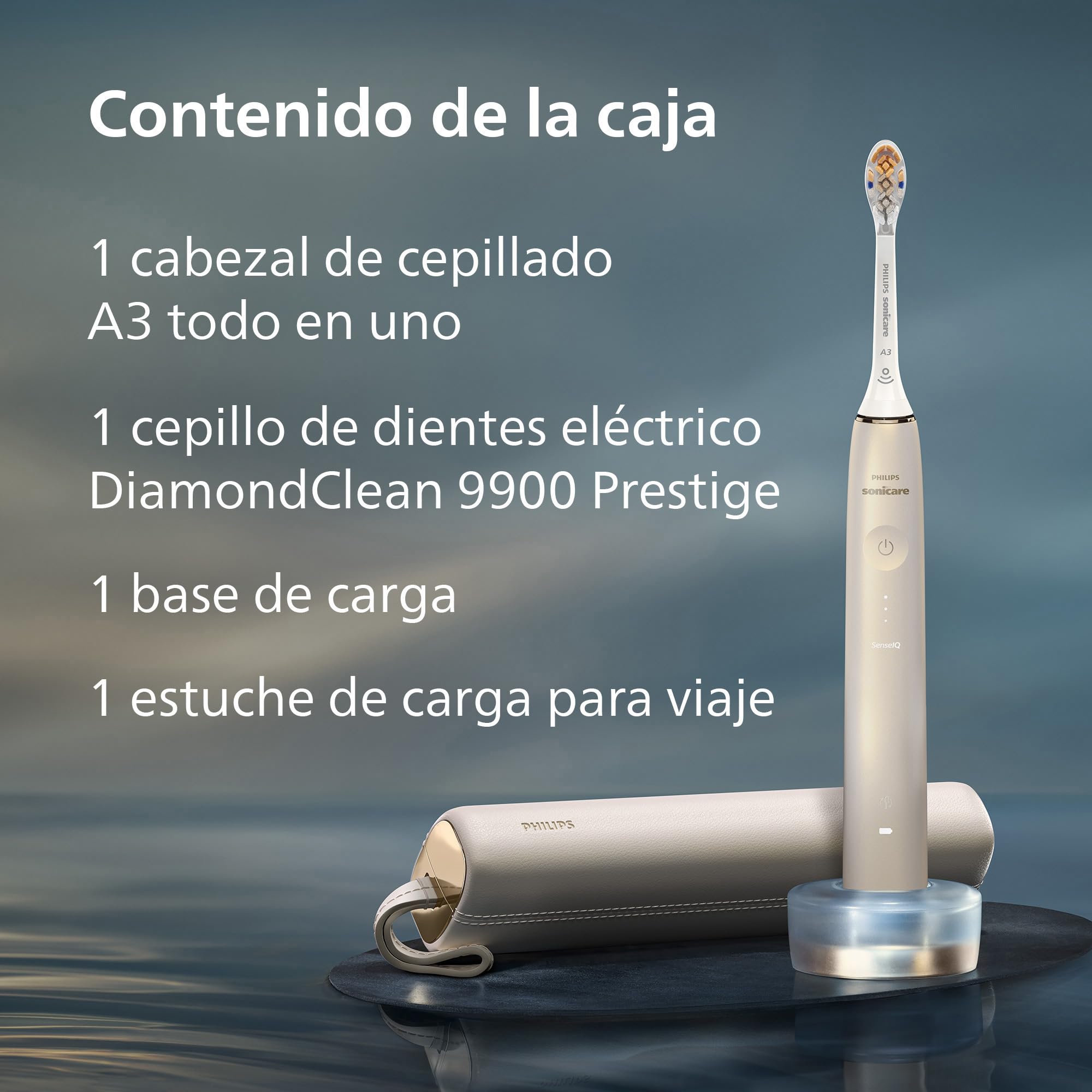 Philips Sonicare DiamondClean Prestige 9900: cepillo dental eléctrico sónico con un cabezal de cepillado Premium All-in-One A3 y estuche de carga en color champán modelo HX9992/11